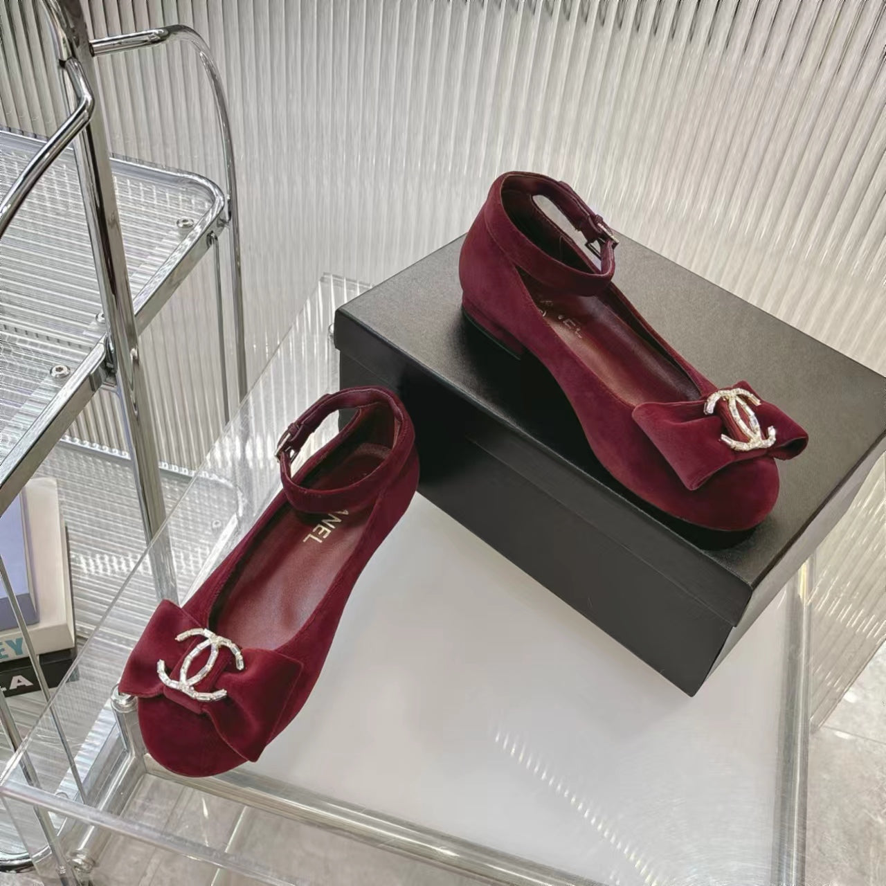 BOW MARY JANE SHOES IN GARNET RED VELVET - 35