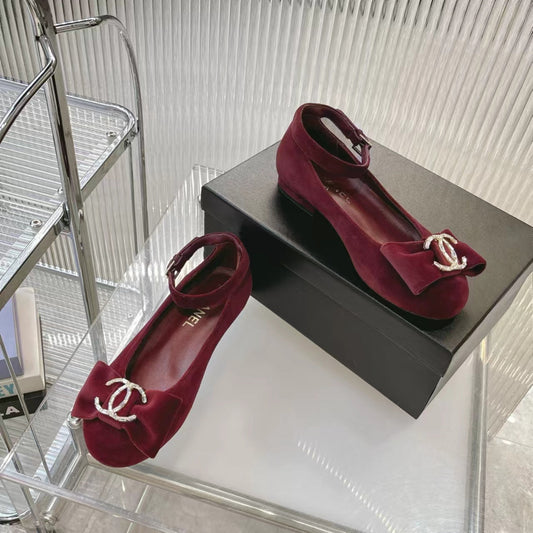 BOW MARY JANE SHOES IN GARNET RED VELVET - 35