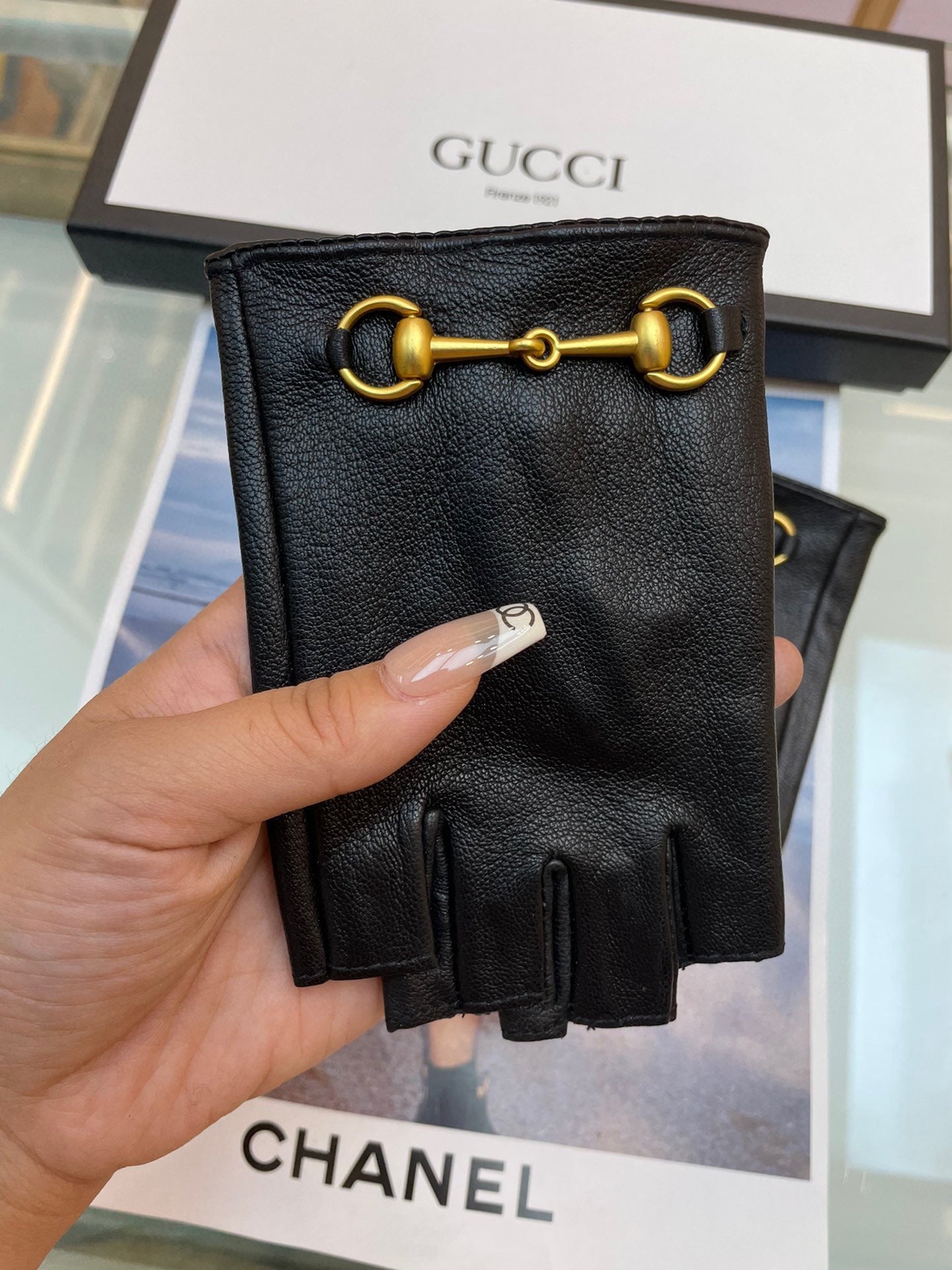 FINGERLESS GLOVES WITH HORSEBIT IN BLACK LAMBSKIN 463853 - L