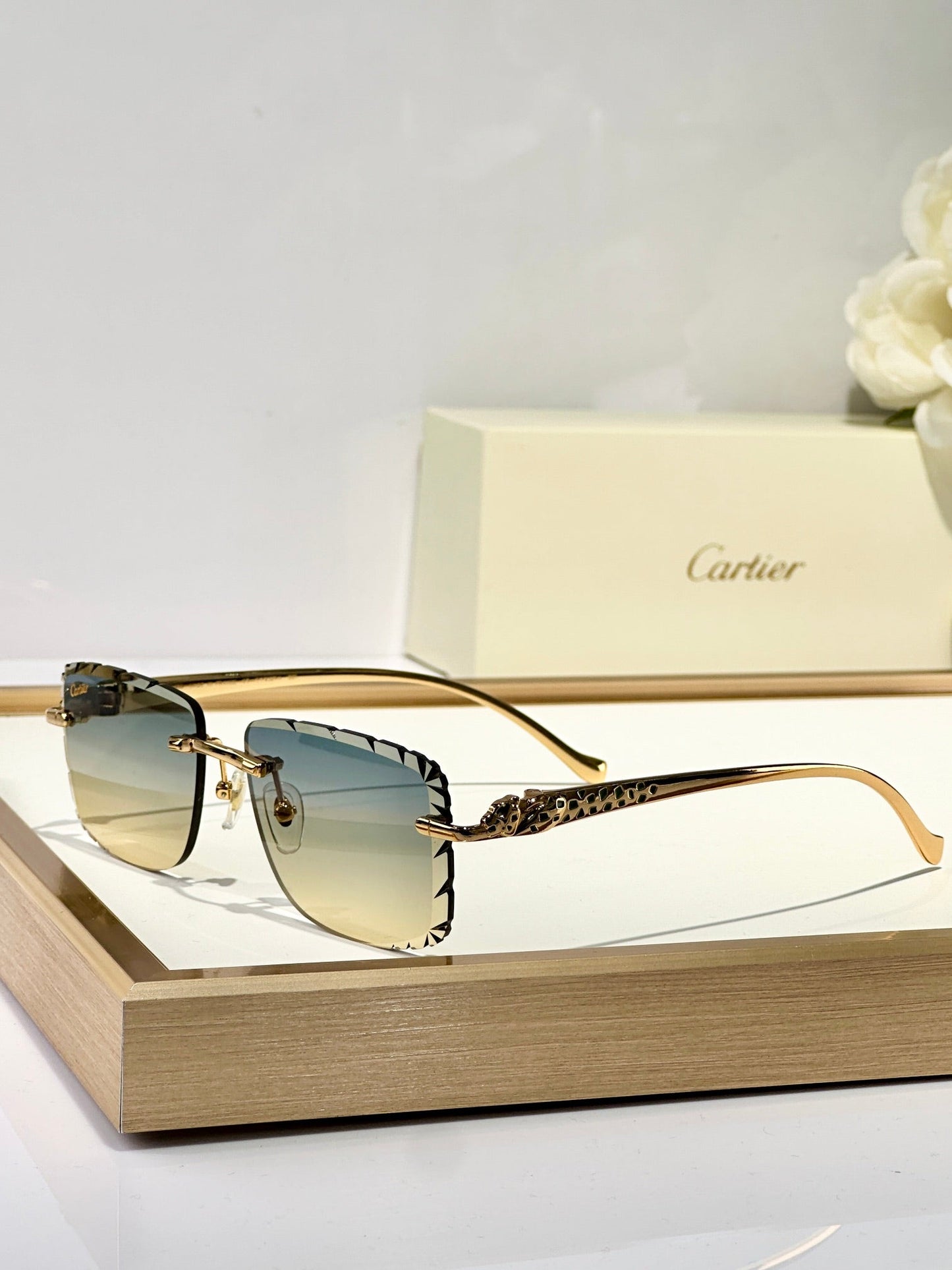 PANTHÈRE RIMLESS SQUARE FRAME SUNGLASSES 580908 IN METAL - Blue