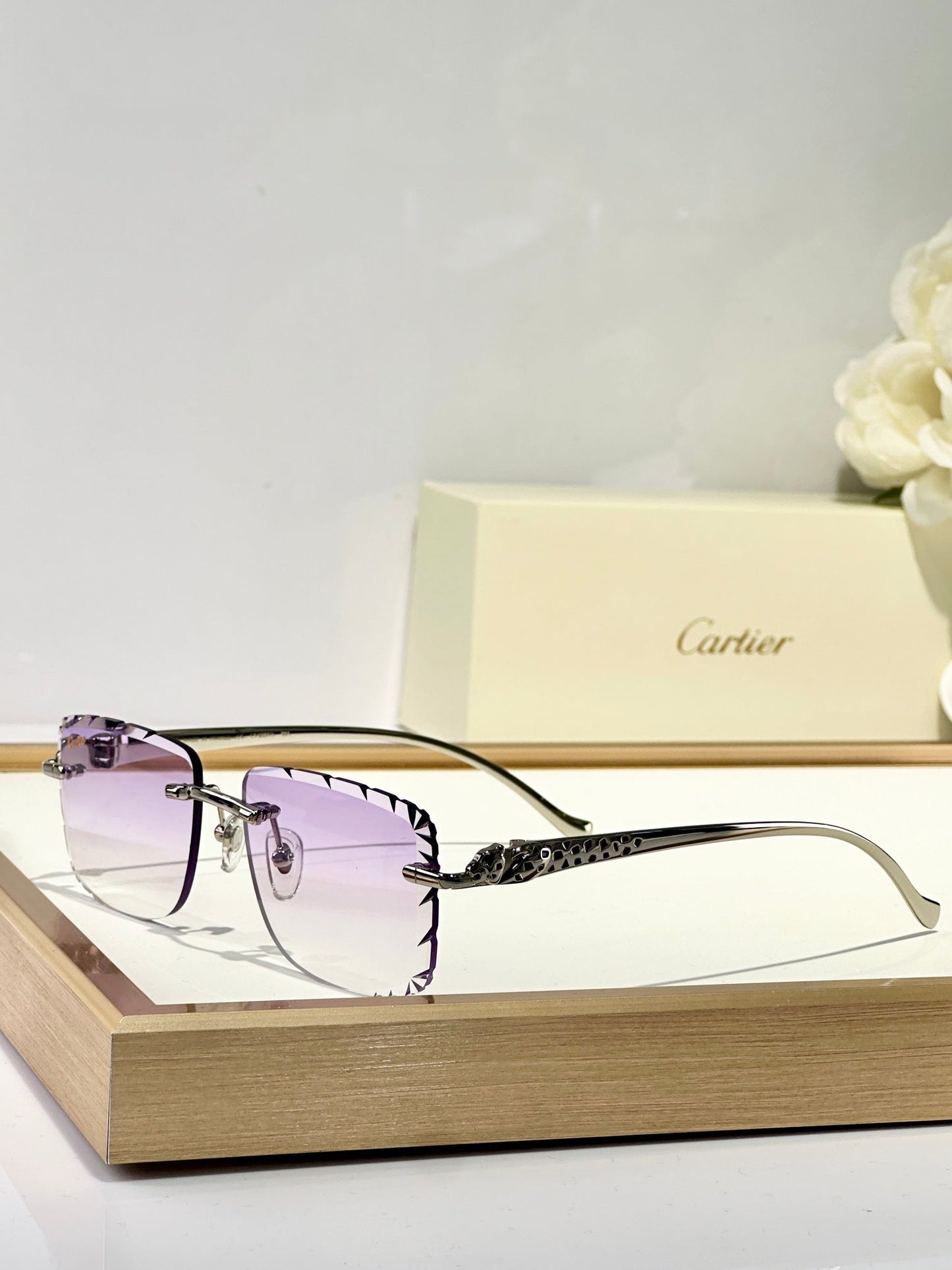 PANTHÈRE RIMLESS SQUARE FRAME SUNGLASSES 580908 IN METAL - Blue