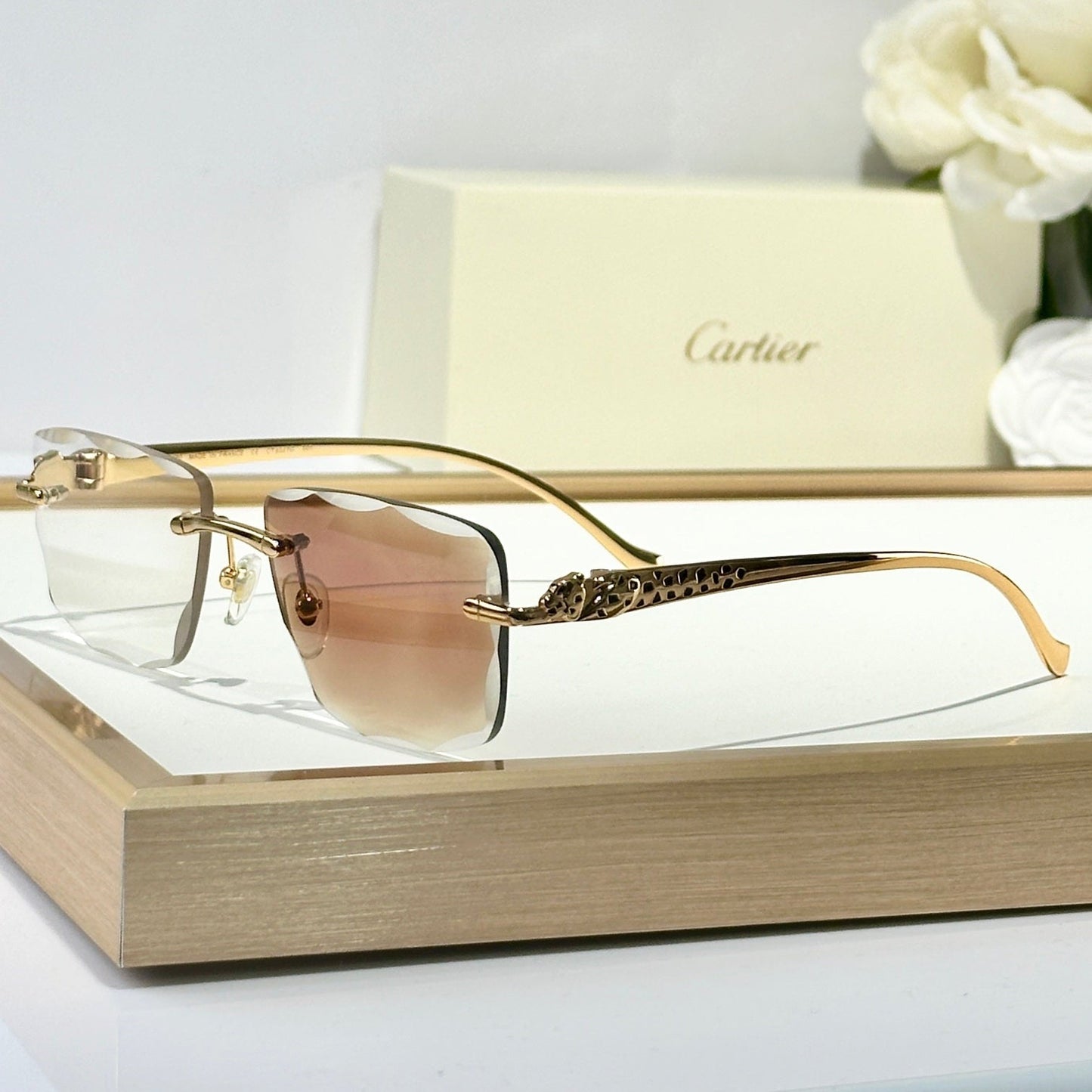 PANTHÈRE PHOTOCHROMIC LENSES RIMLESS SQUARE FRAME SUNGLASSES 580911 IN METAL - Blue