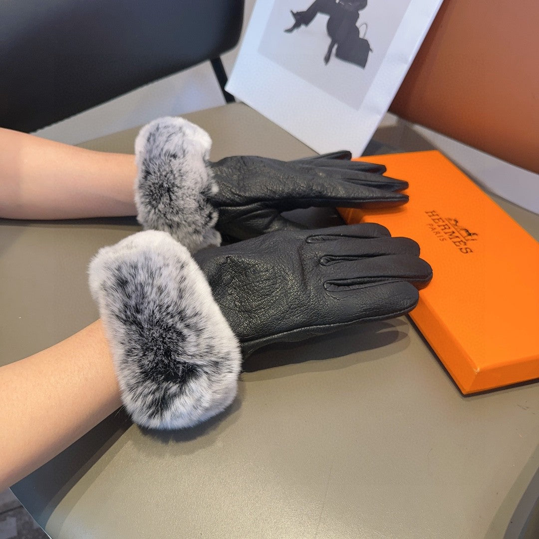 GLOVES IN BLACK DEERSKIN WITH RABBIT FUR 463888 - M