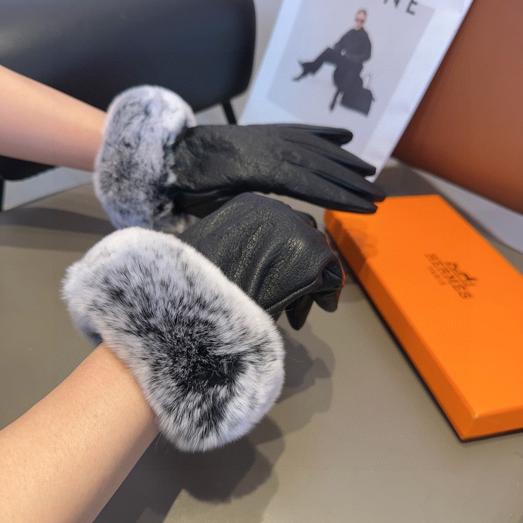 GLOVES IN BLACK DEERSKIN WITH RABBIT FUR 463888 - M