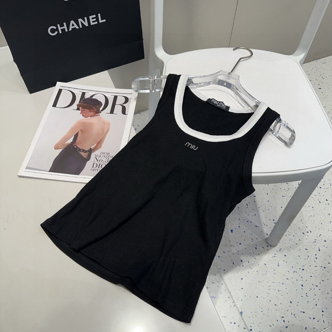 TANK TOP 615176 IN BLACK COTTON RIBBED WHITE TRIM