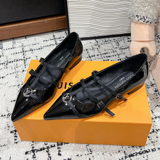 POINTED FLAT SHOES IN BLACK CALFSKIN - 35