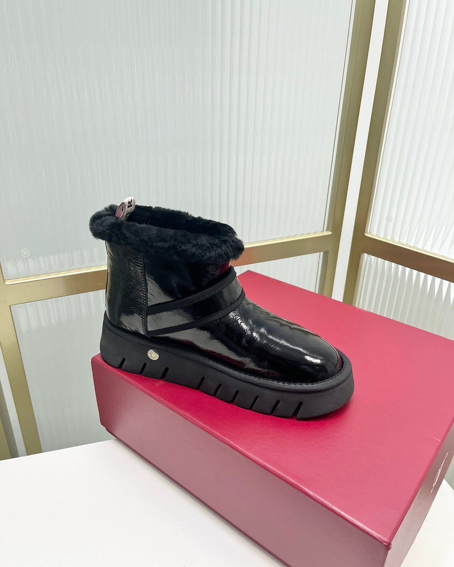 VIV’ WINTER FUR STRASS BUCKLE ANKLE BOOTS IN BLACK PATENT CALFSKIN - 35