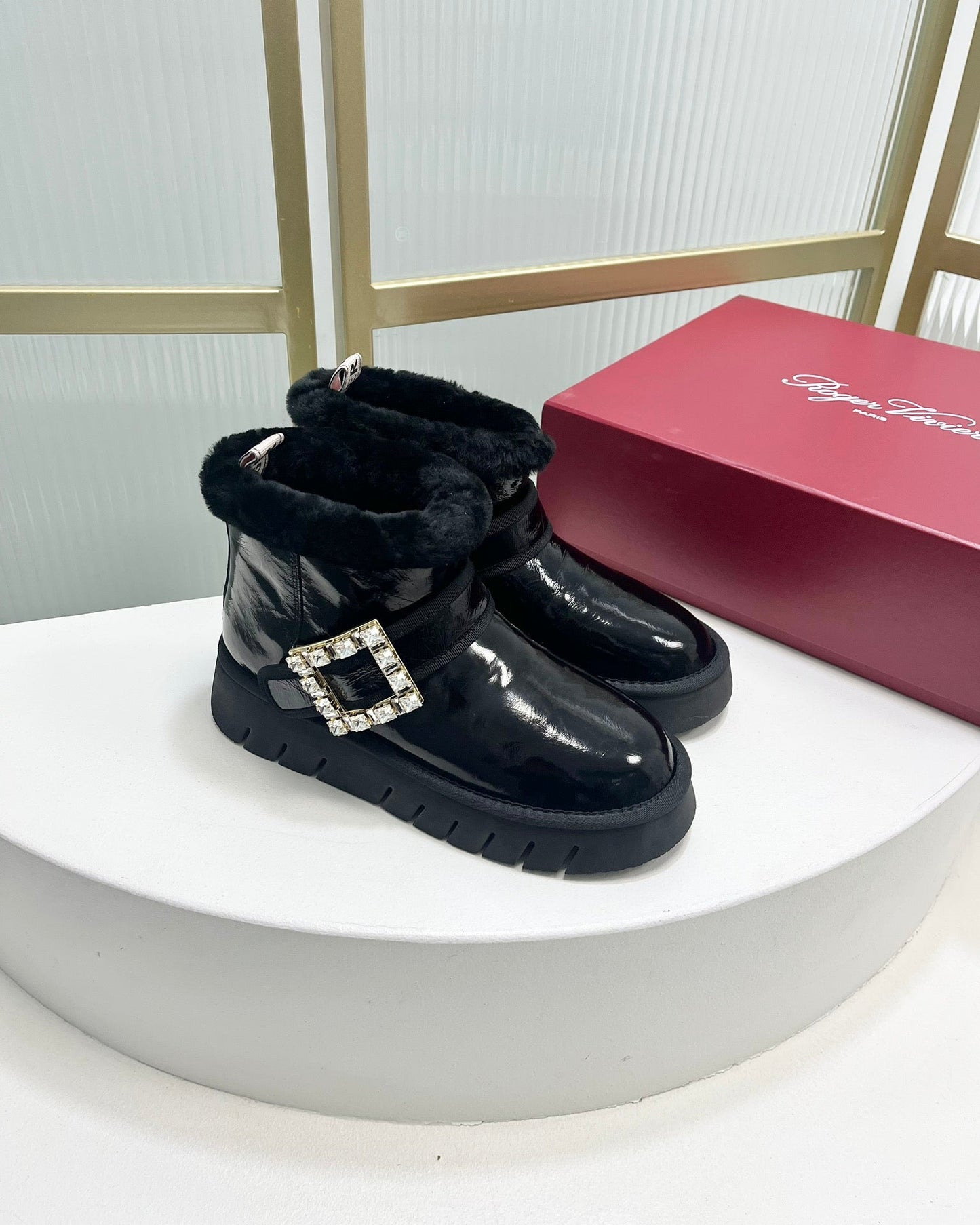 VIV’ WINTER FUR STRASS BUCKLE ANKLE BOOTS IN BLACK PATENT CALFSKIN - 35