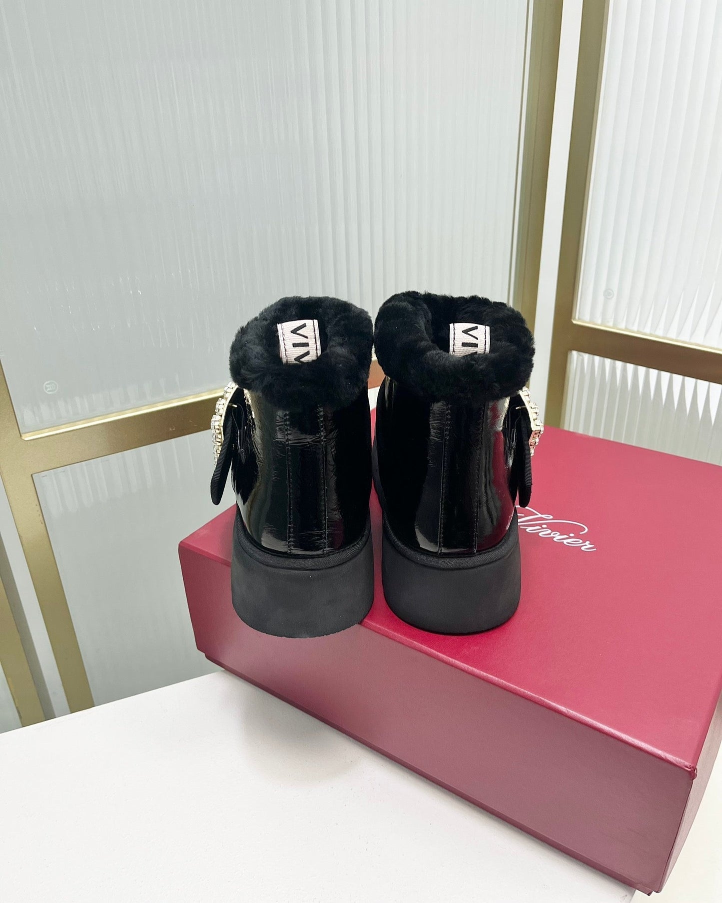 VIV’ WINTER FUR STRASS BUCKLE ANKLE BOOTS IN BLACK PATENT CALFSKIN - 35