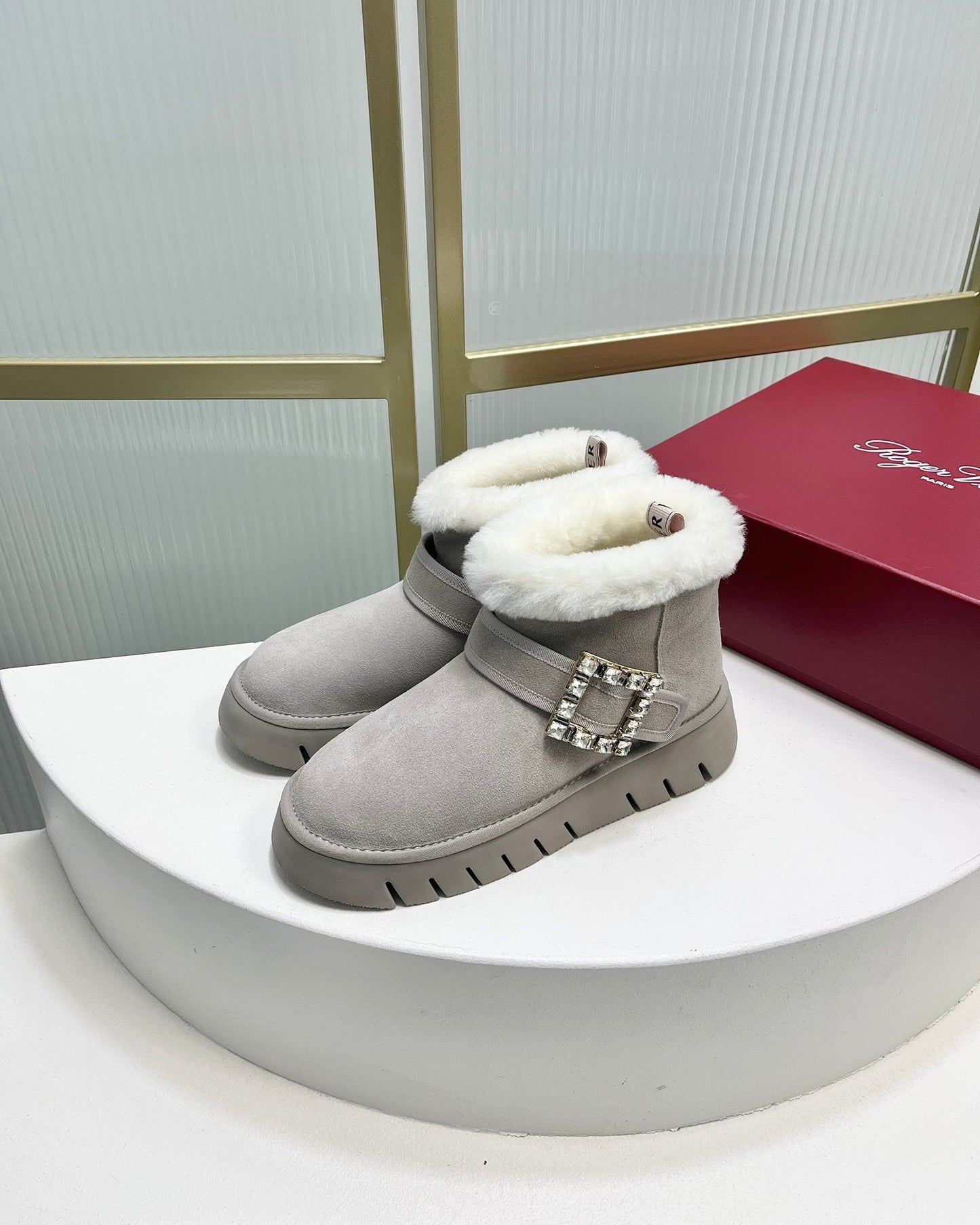 VIV’ WINTER FUR STRASS BUCKLE ANKLE BOOTS IN LIGHT GREY SUEDE - 35
