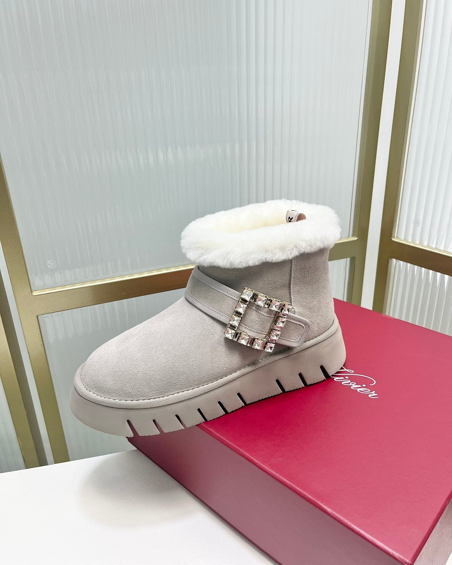 VIV’ WINTER FUR STRASS BUCKLE ANKLE BOOTS IN LIGHT GREY SUEDE - 35