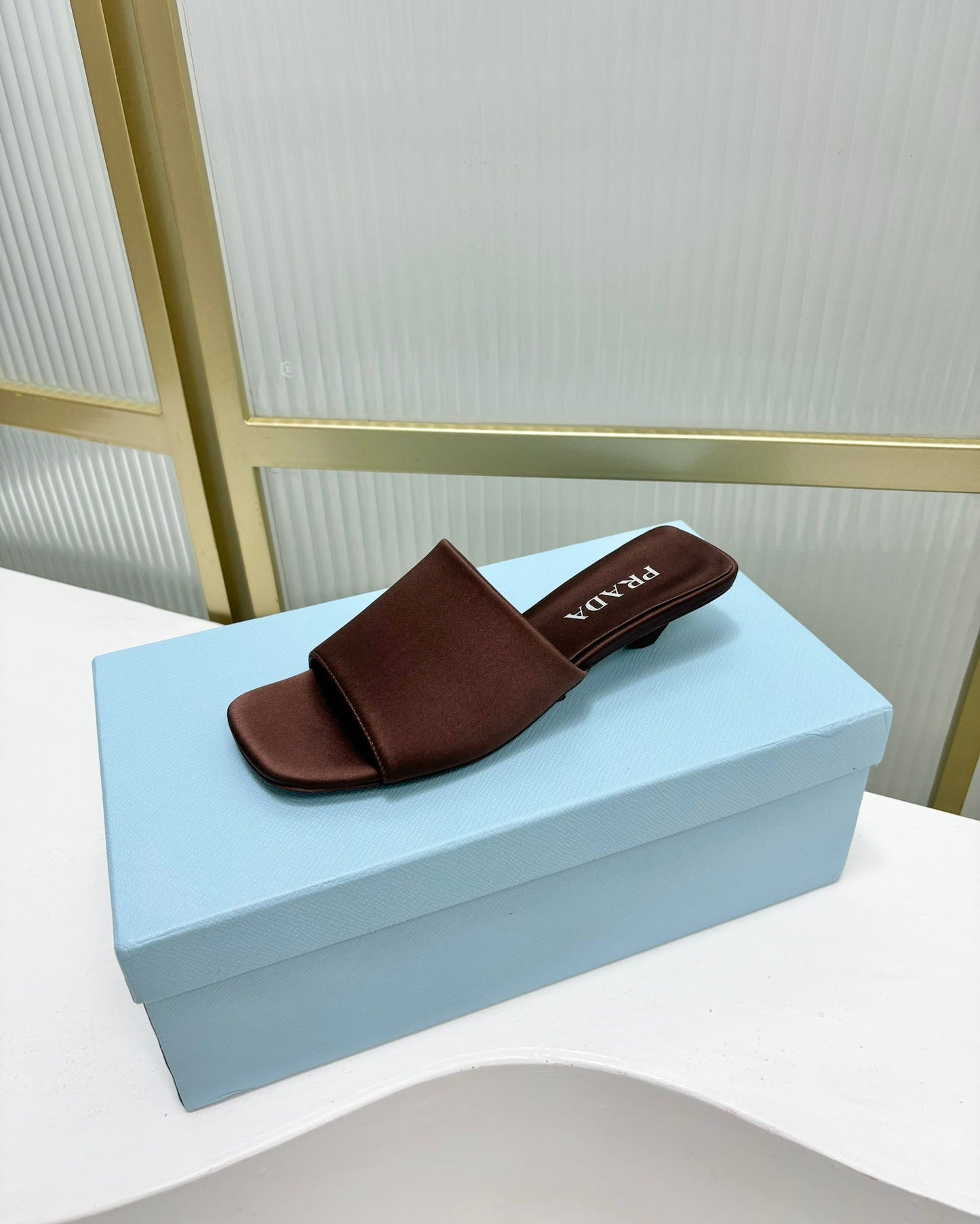 PRA TRIANGLE HEEL SATIN SLIPPERS BROWN - 35