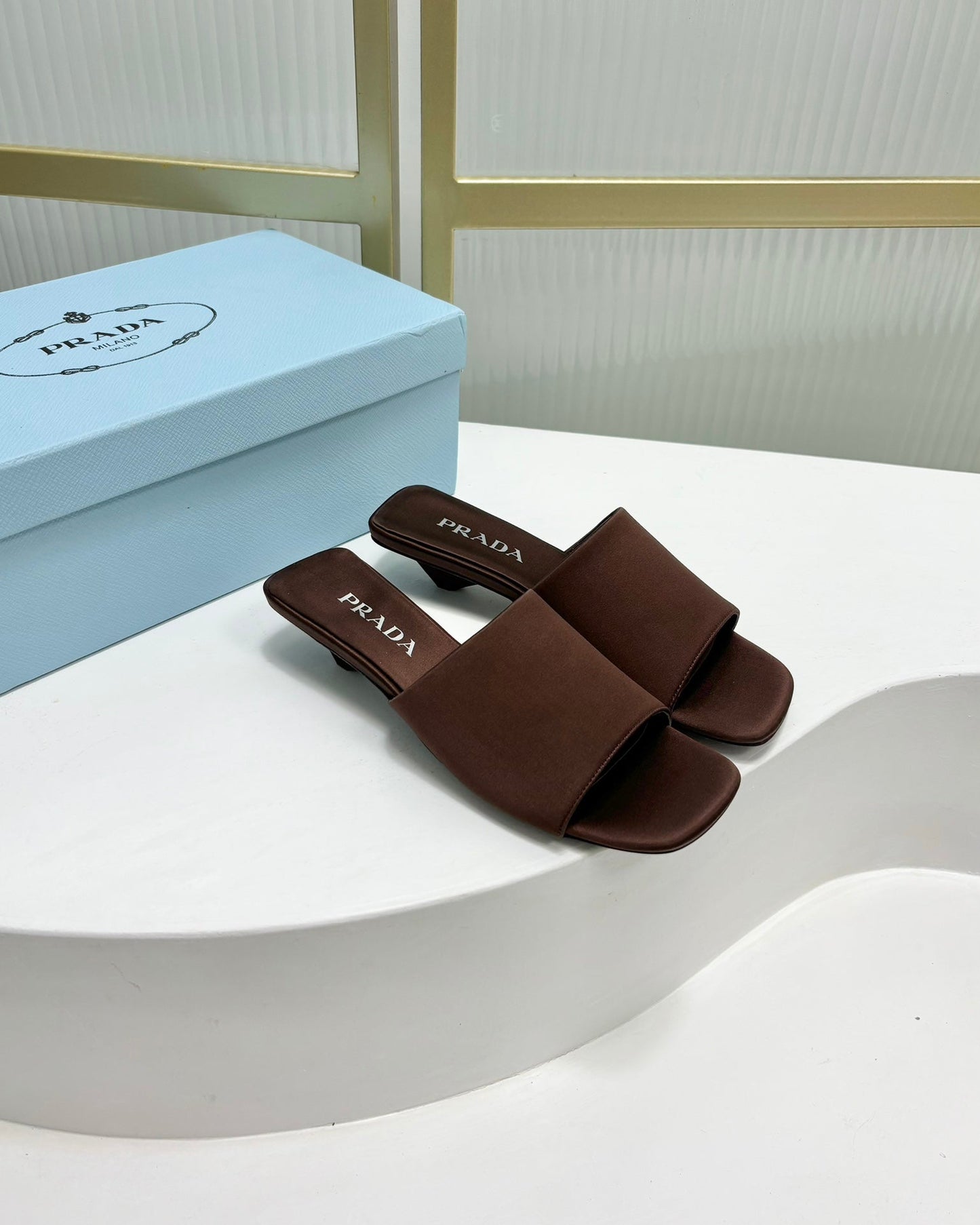 PRA TRIANGLE HEEL SATIN SLIPPERS BROWN - 35