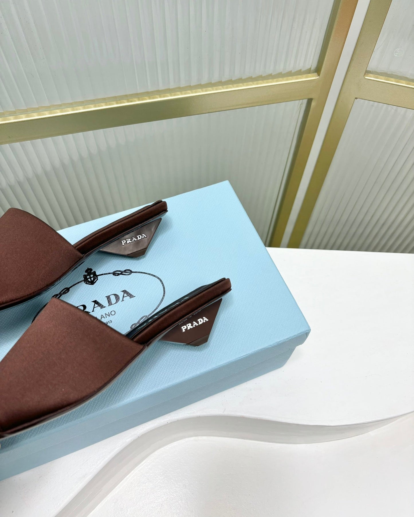PRA TRIANGLE HEEL SATIN SLIPPERS BROWN - 35