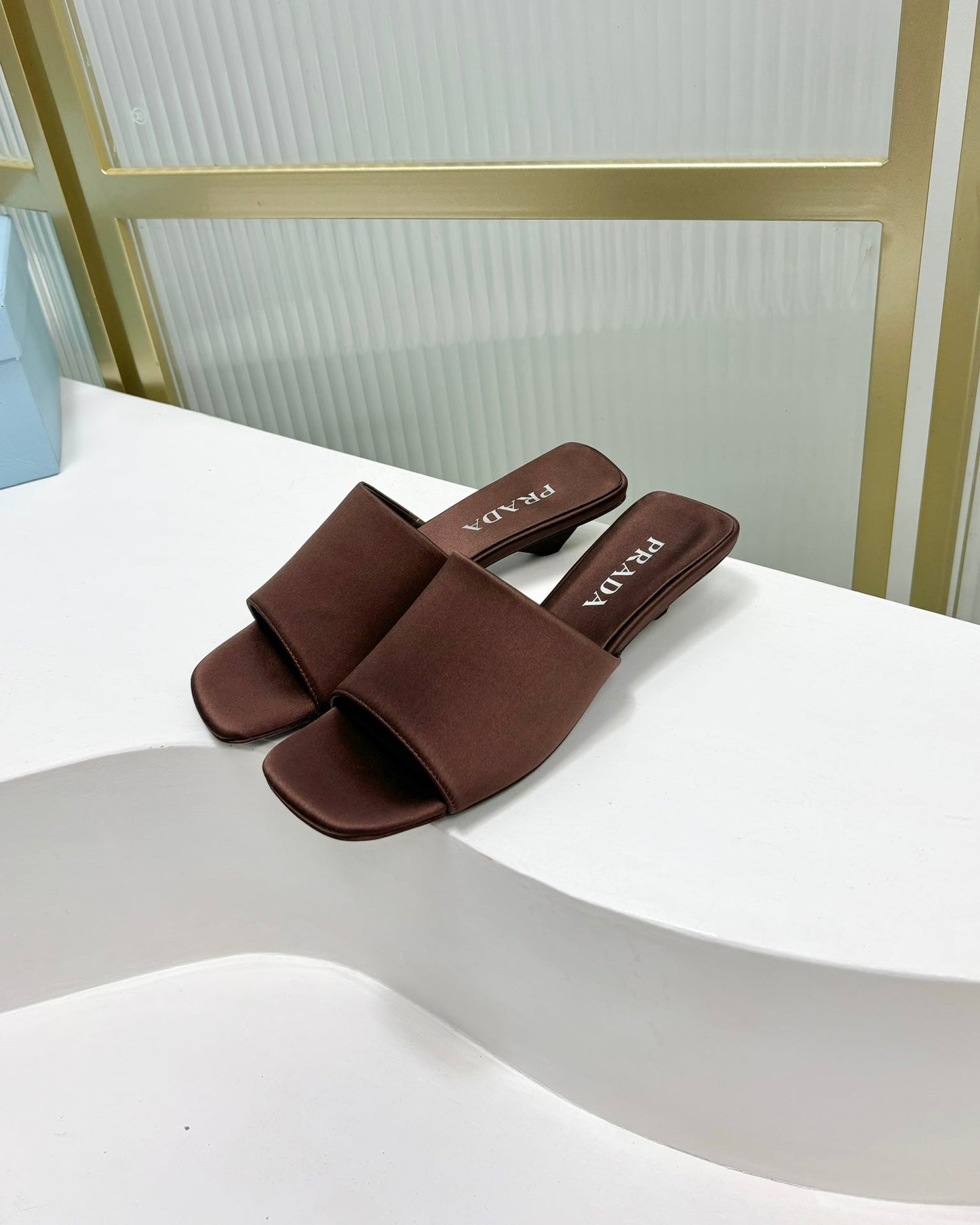 PRA TRIANGLE HEEL SATIN SLIPPERS BROWN - 35
