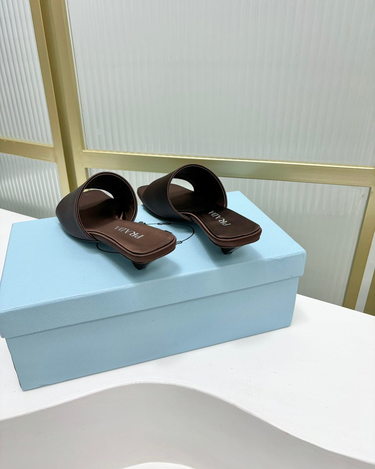 PRA TRIANGLE HEEL SATIN SLIPPERS BROWN - 35