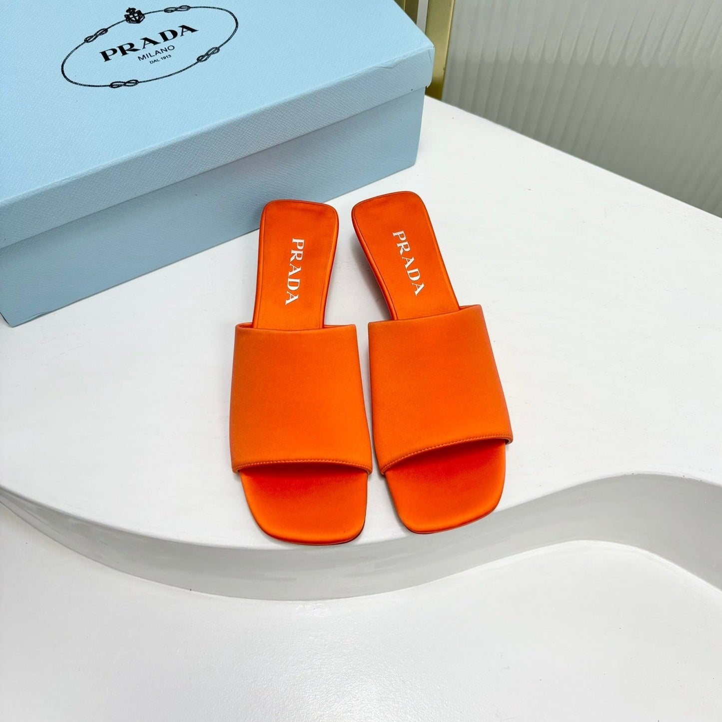 PRA TRIANGLE HEEL SATIN SLIPPERS BRIGHT ORANGE - 35