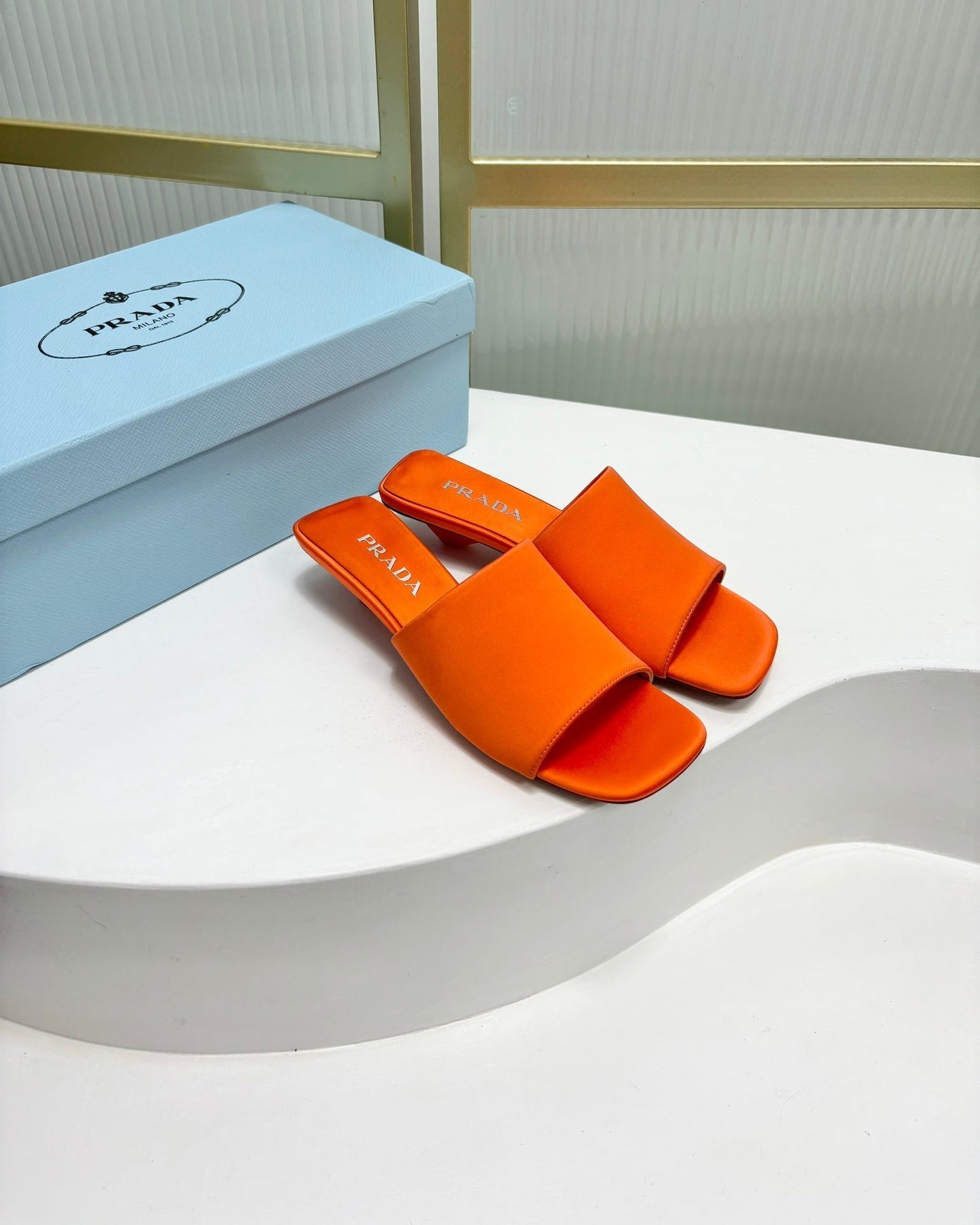 PRA TRIANGLE HEEL SATIN SLIPPERS BRIGHT ORANGE - 35