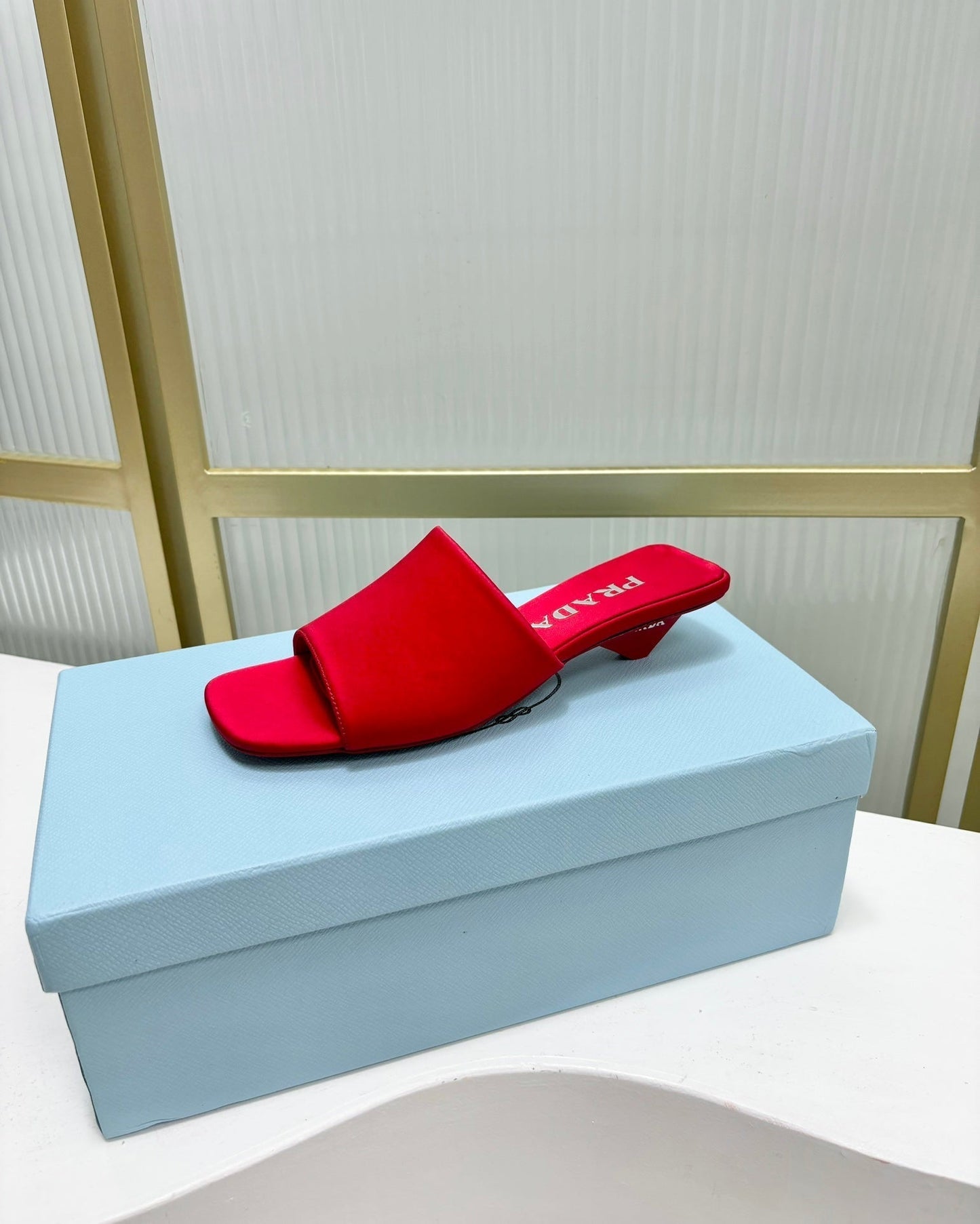 PRA TRIANGLE HEEL SATIN SLIPPERS CRIMSON - 35