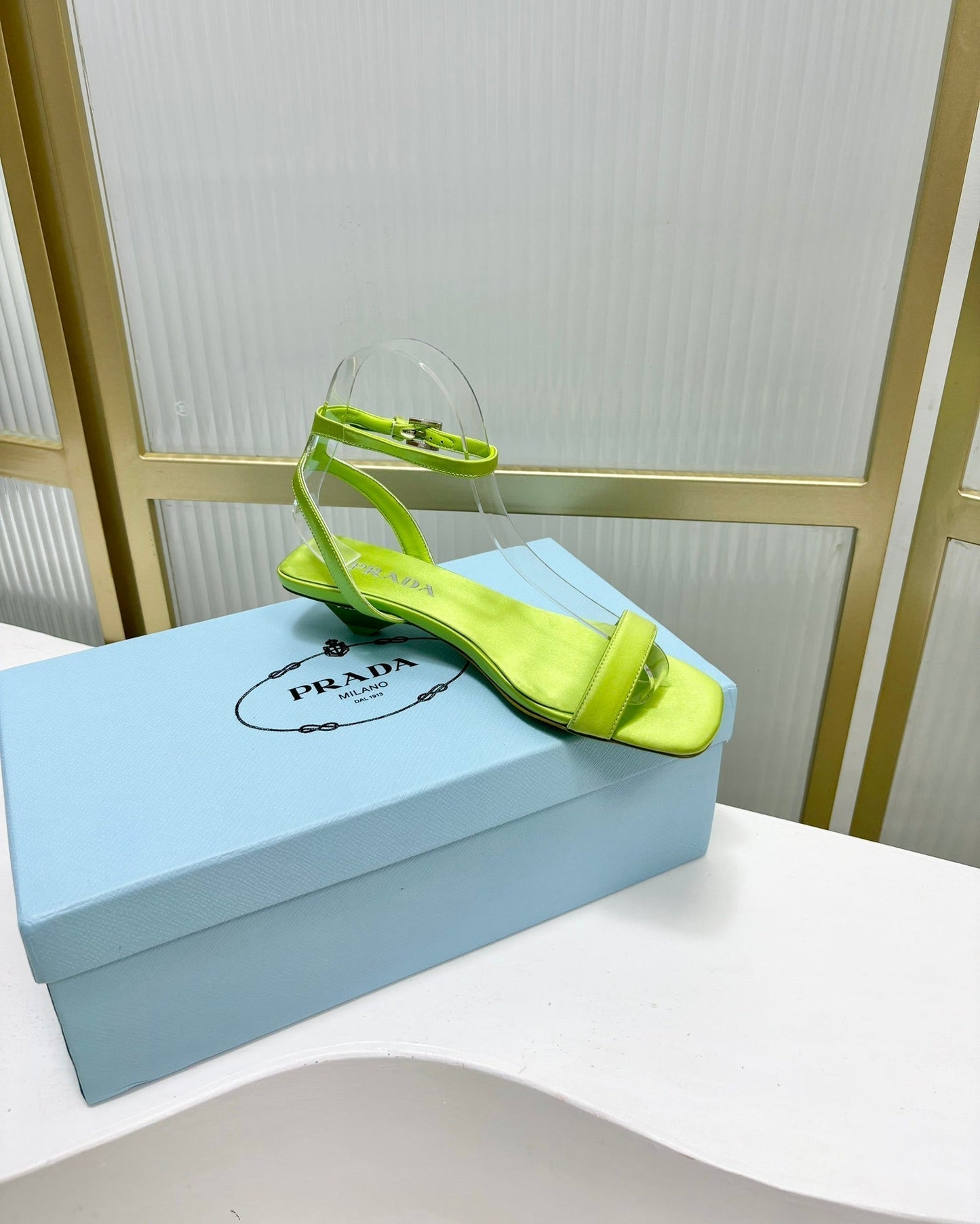 PRA TRIANGLE HEEL SATIN SANDALS CHARTREUSE - 35