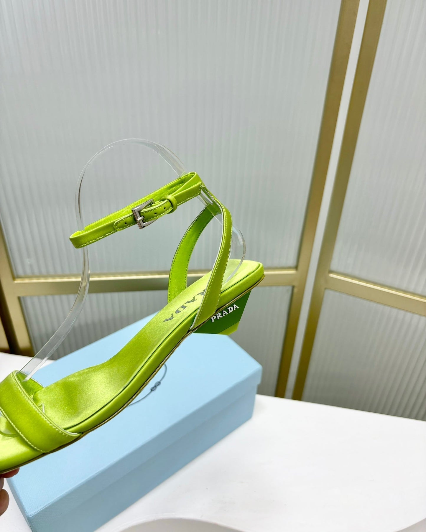 PRA TRIANGLE HEEL SATIN SANDALS CHARTREUSE - 35