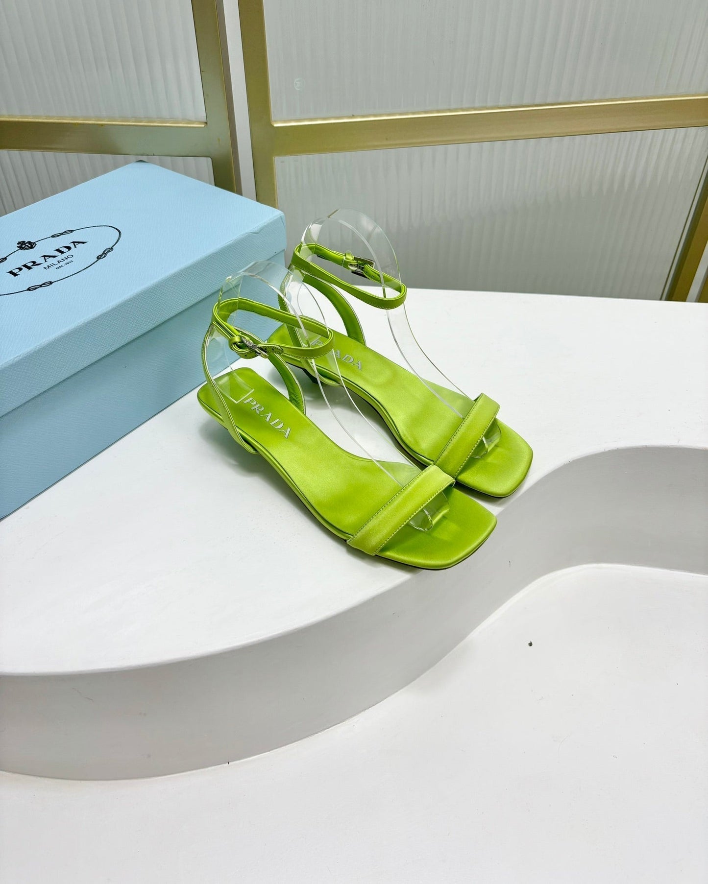PRA TRIANGLE HEEL SATIN SANDALS CHARTREUSE - 35