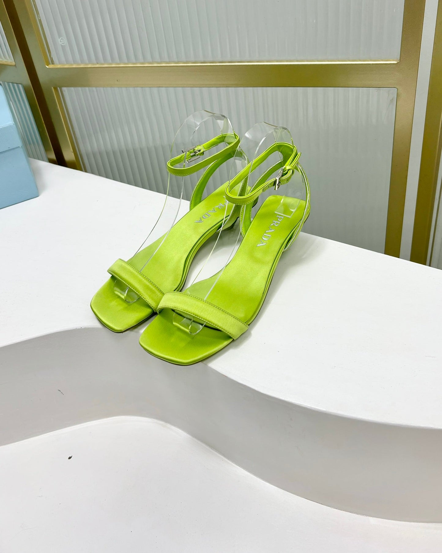 PRA TRIANGLE HEEL SATIN SANDALS CHARTREUSE - 35