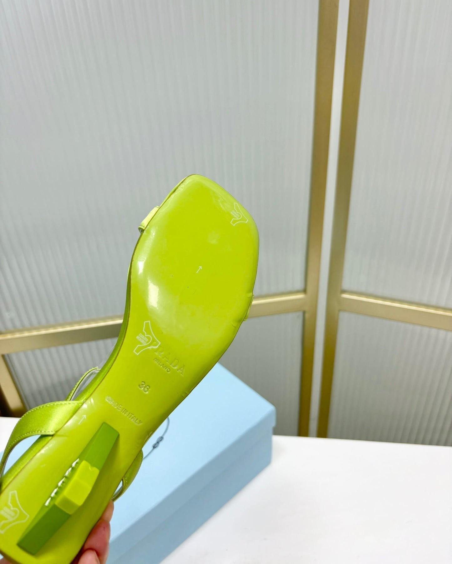 PRA TRIANGLE HEEL SATIN SANDALS CHARTREUSE - 35