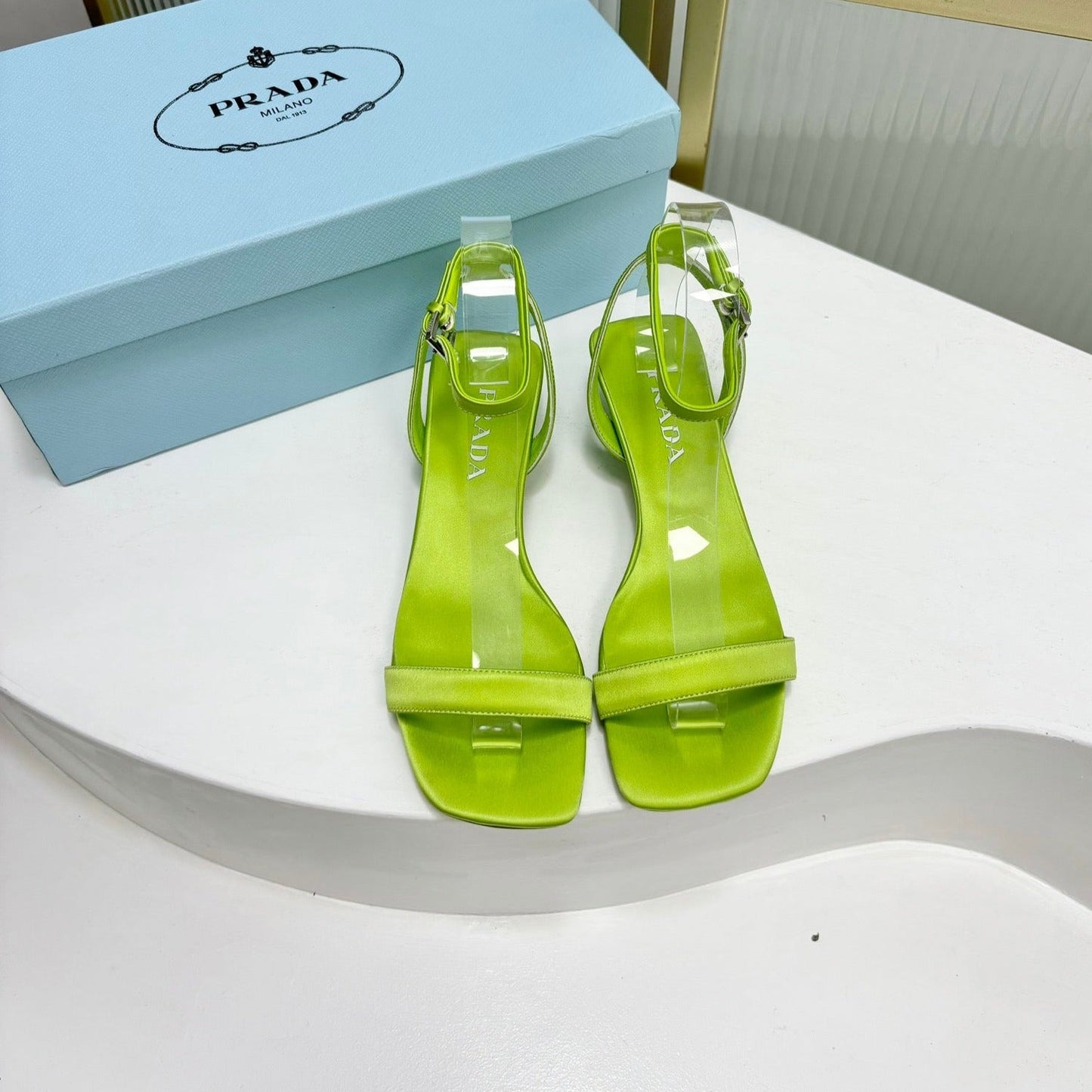 PRA TRIANGLE HEEL SATIN SANDALS CHARTREUSE - 35