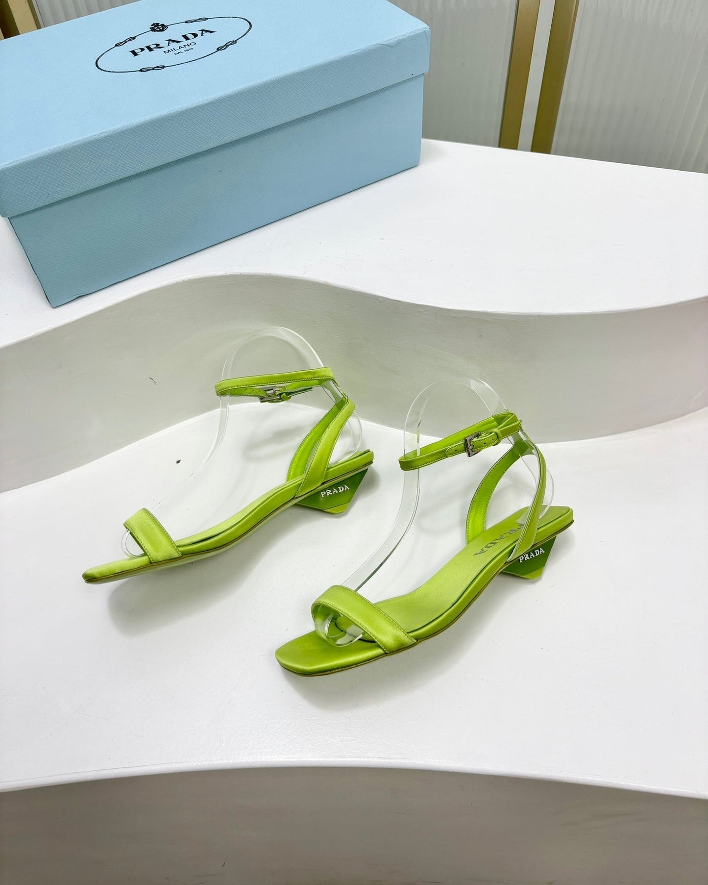 PRA TRIANGLE HEEL SATIN SANDALS CHARTREUSE - 35