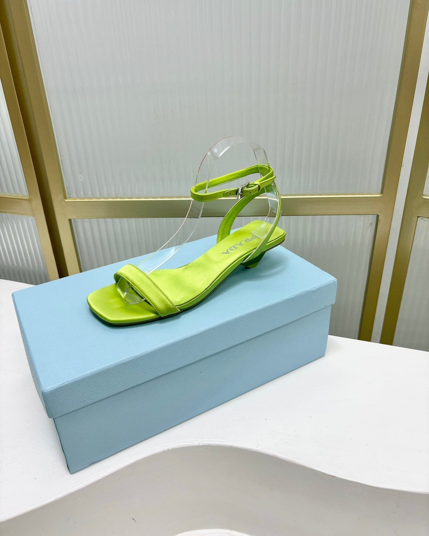 PRA TRIANGLE HEEL SATIN SANDALS CHARTREUSE - 35