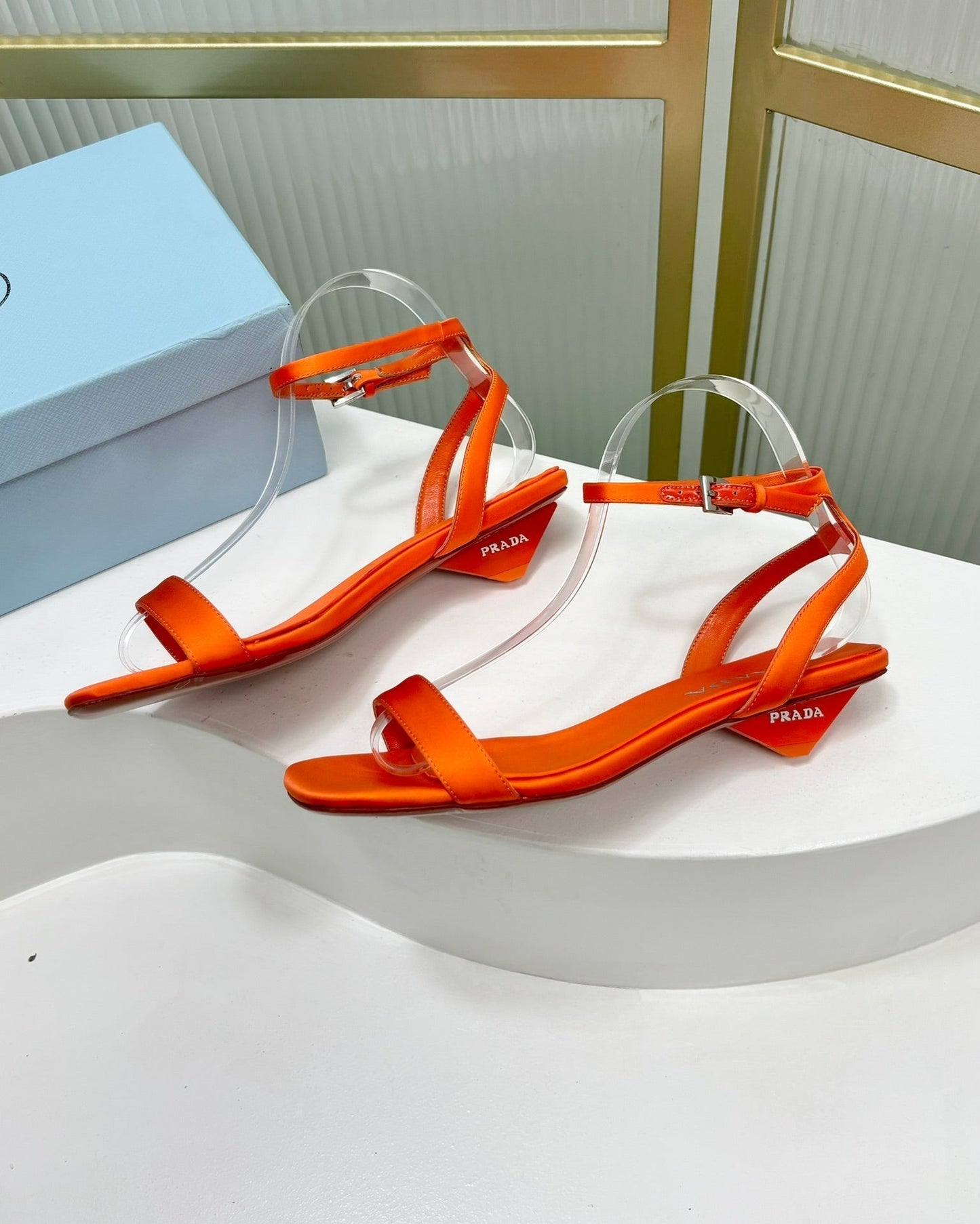 PRA TRIANGLE HEEL SATIN SANDALS BRIGHT ORANGE - 35