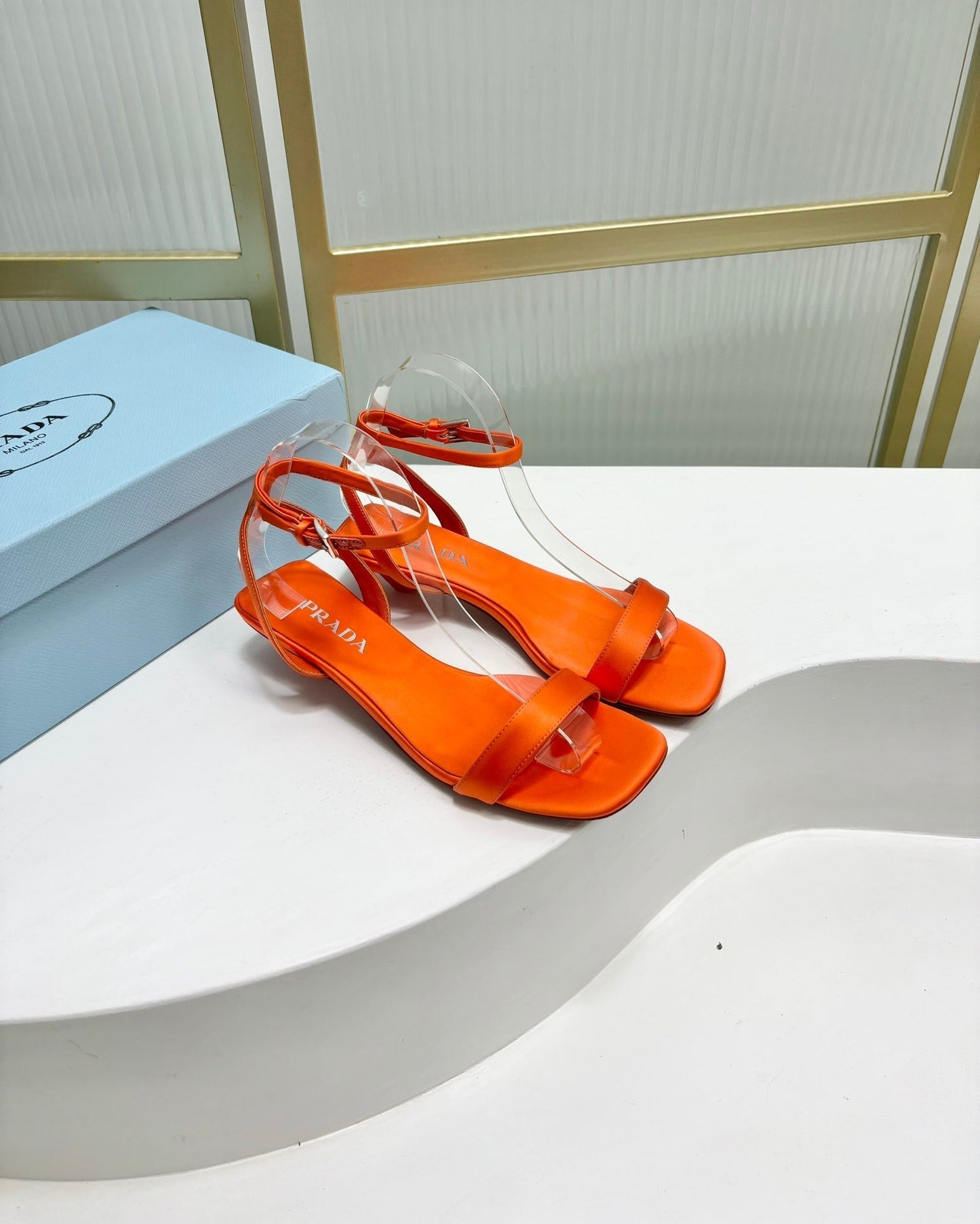 PRA TRIANGLE HEEL SATIN SANDALS BRIGHT ORANGE - 35