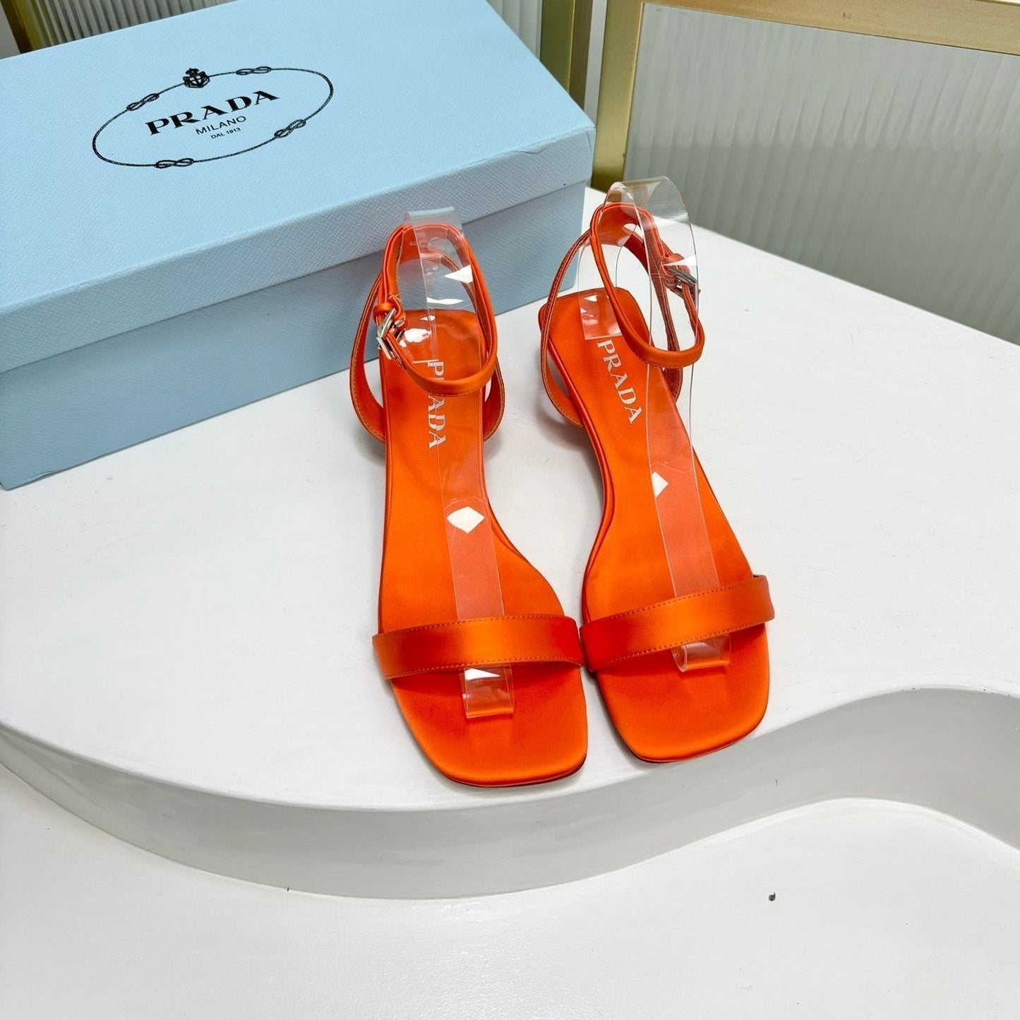 PRA TRIANGLE HEEL SATIN SANDALS BRIGHT ORANGE - 35