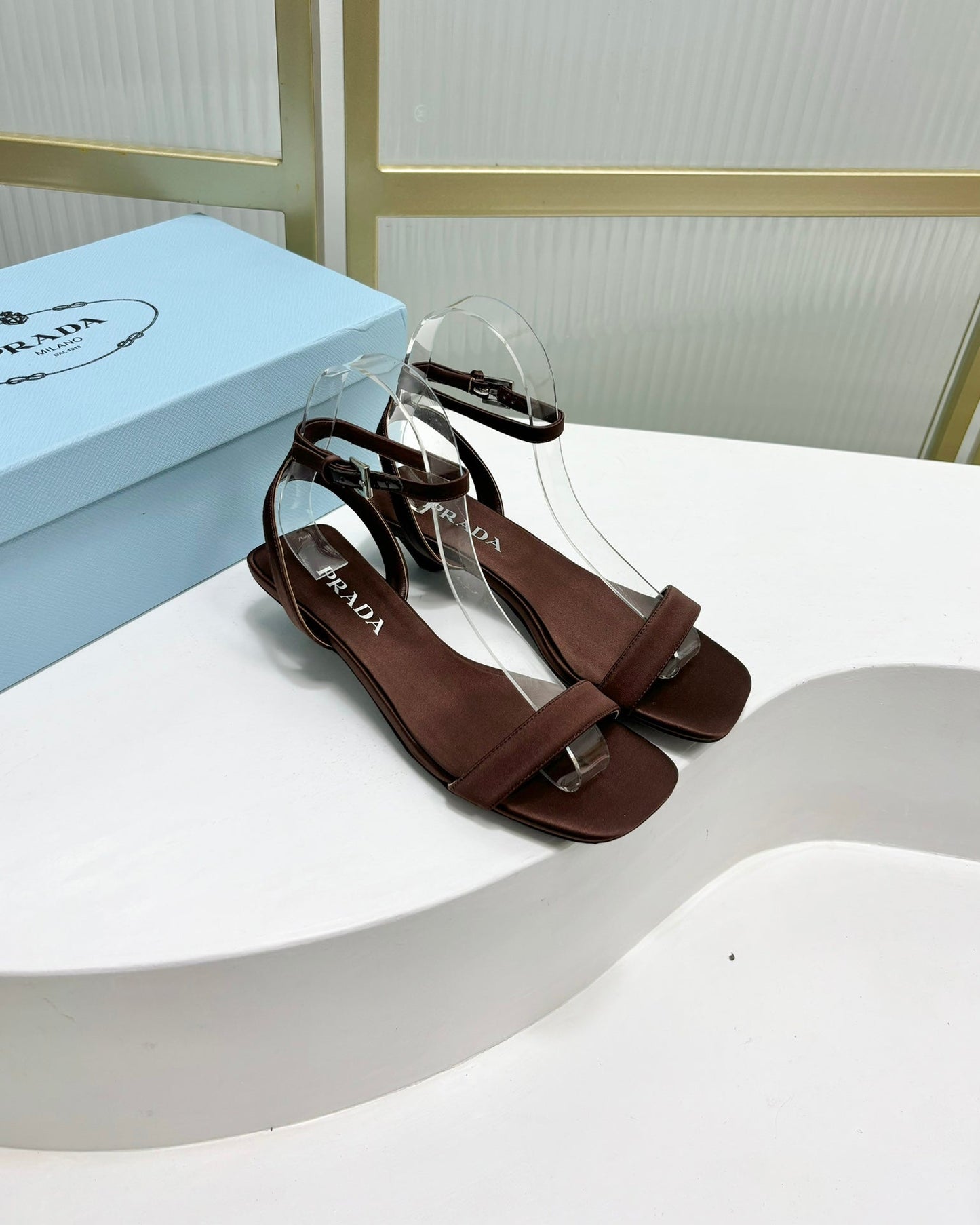 PRA TRIANGLE HEEL SATIN SANDALS BROWN - 35