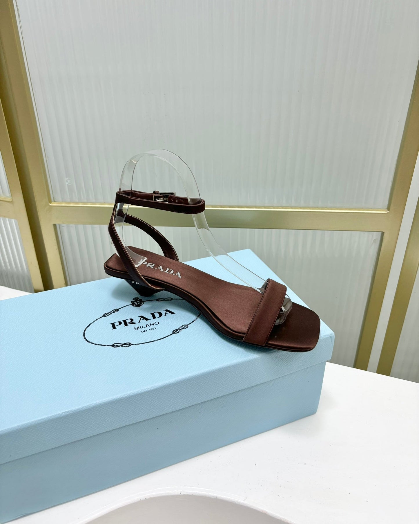 PRA TRIANGLE HEEL SATIN SANDALS BROWN - 35