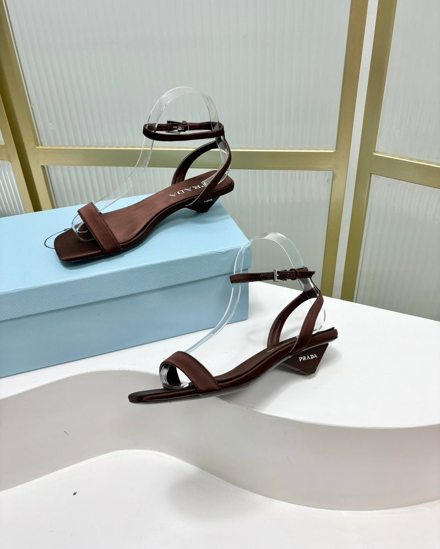 PRA TRIANGLE HEEL SATIN SANDALS BROWN - 35