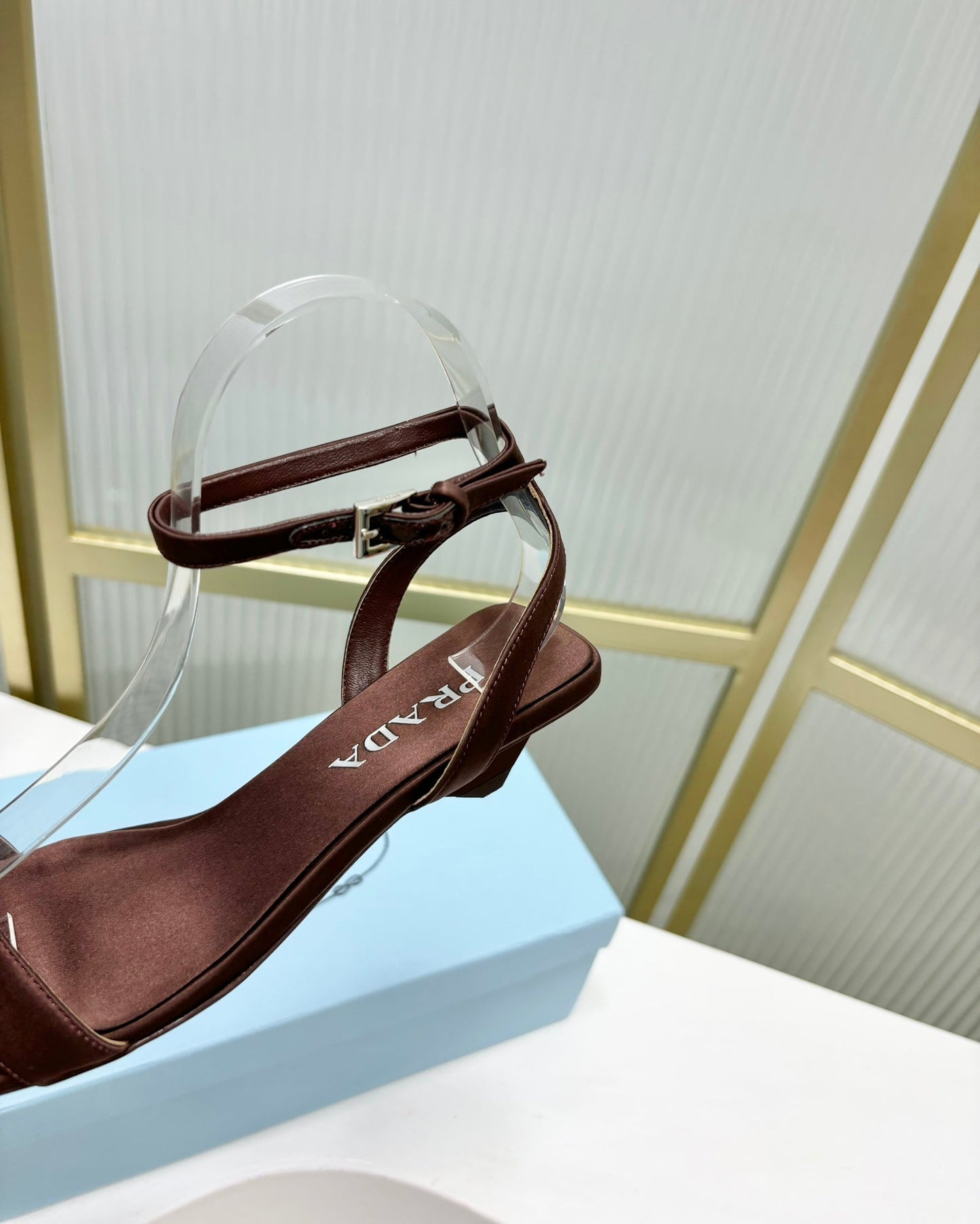 PRA TRIANGLE HEEL SATIN SANDALS BROWN - 35