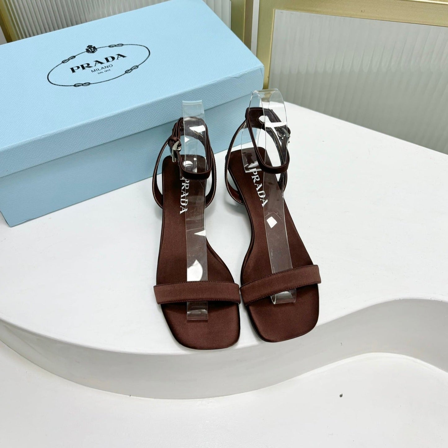 PRA TRIANGLE HEEL SATIN SANDALS BROWN - 35
