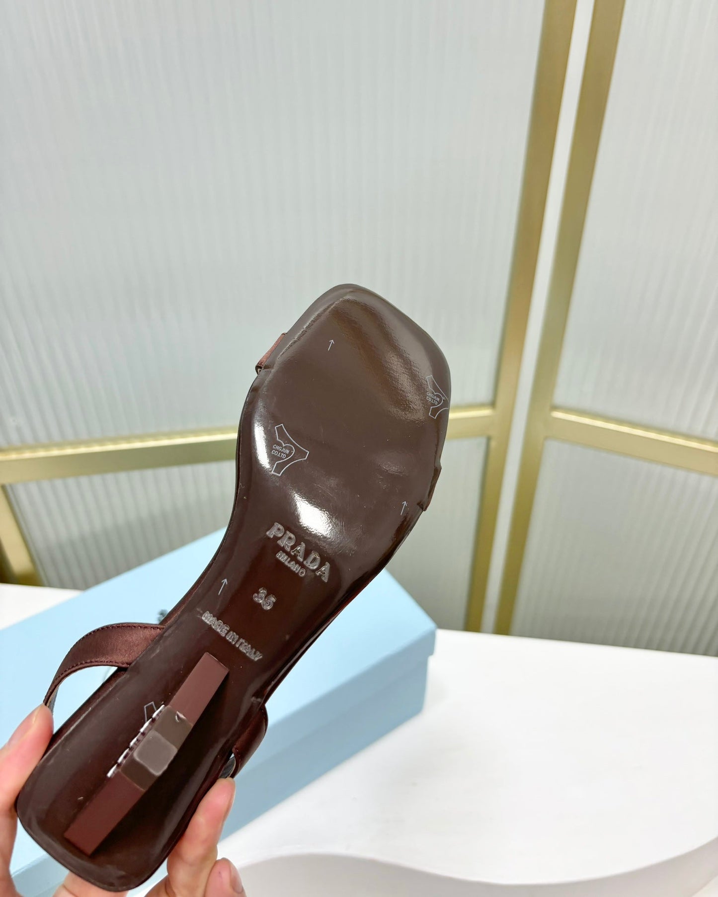 PRA TRIANGLE HEEL SATIN SANDALS BROWN - 35