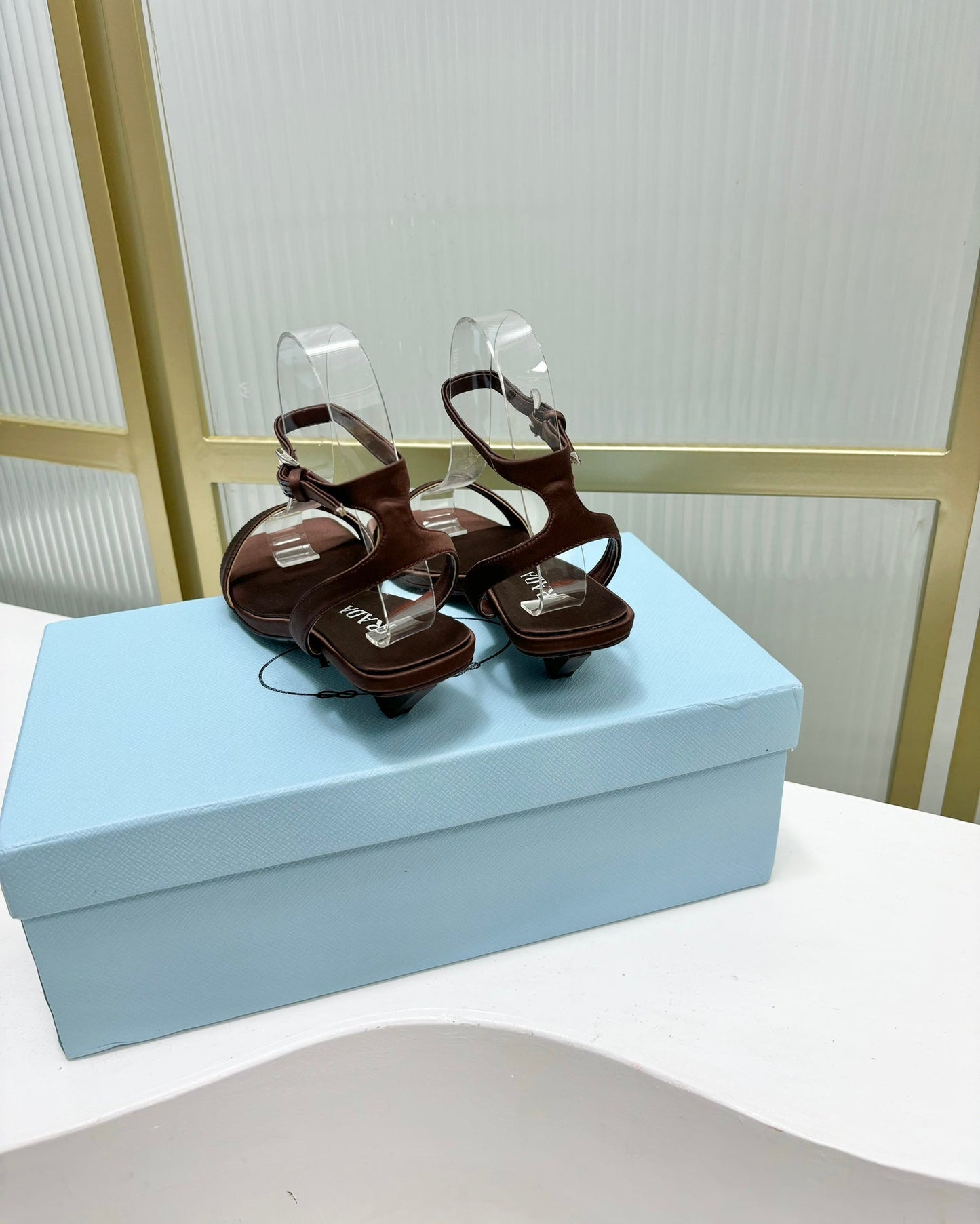 PRA TRIANGLE HEEL SATIN SANDALS BROWN - 35