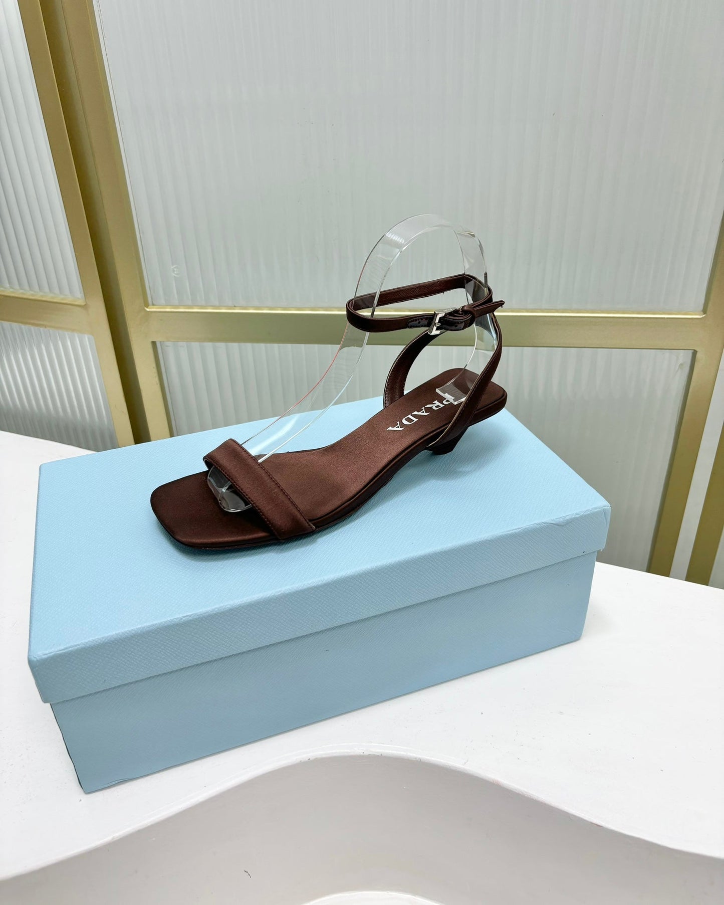 PRA TRIANGLE HEEL SATIN SANDALS BROWN - 35