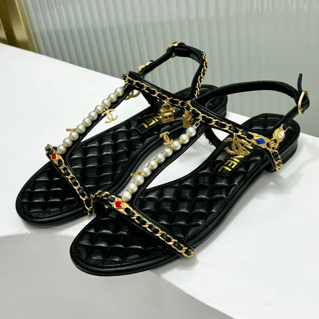 SANDALS PEARL CHAIN IN BLACK COWHIDE - 35