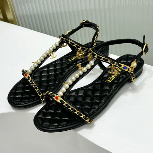 SANDALS PEARL CHAIN IN BLACK COWHIDE - 35