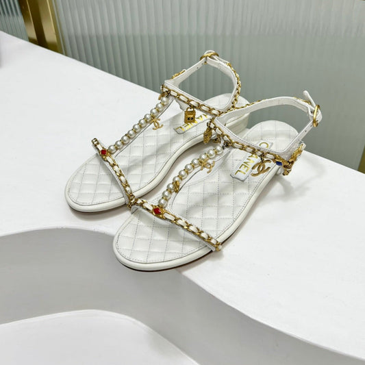SANDALS PEARL CHAIN IN WHITE COWHIDE - 35