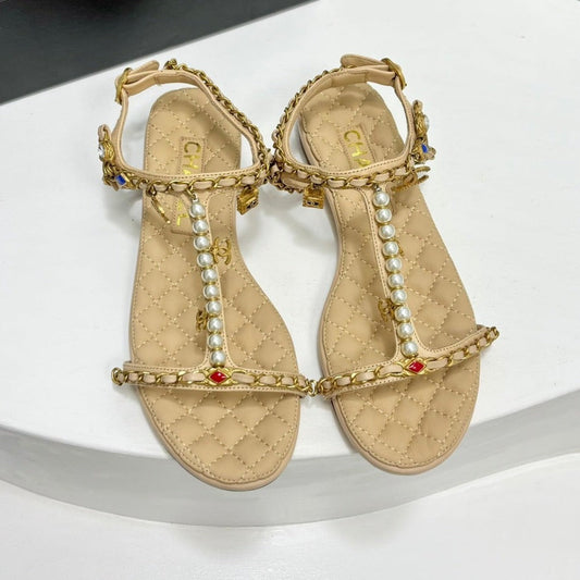 SANDALS PEARL CHAIN IN BEIGE CREAM COWHIDE - 35