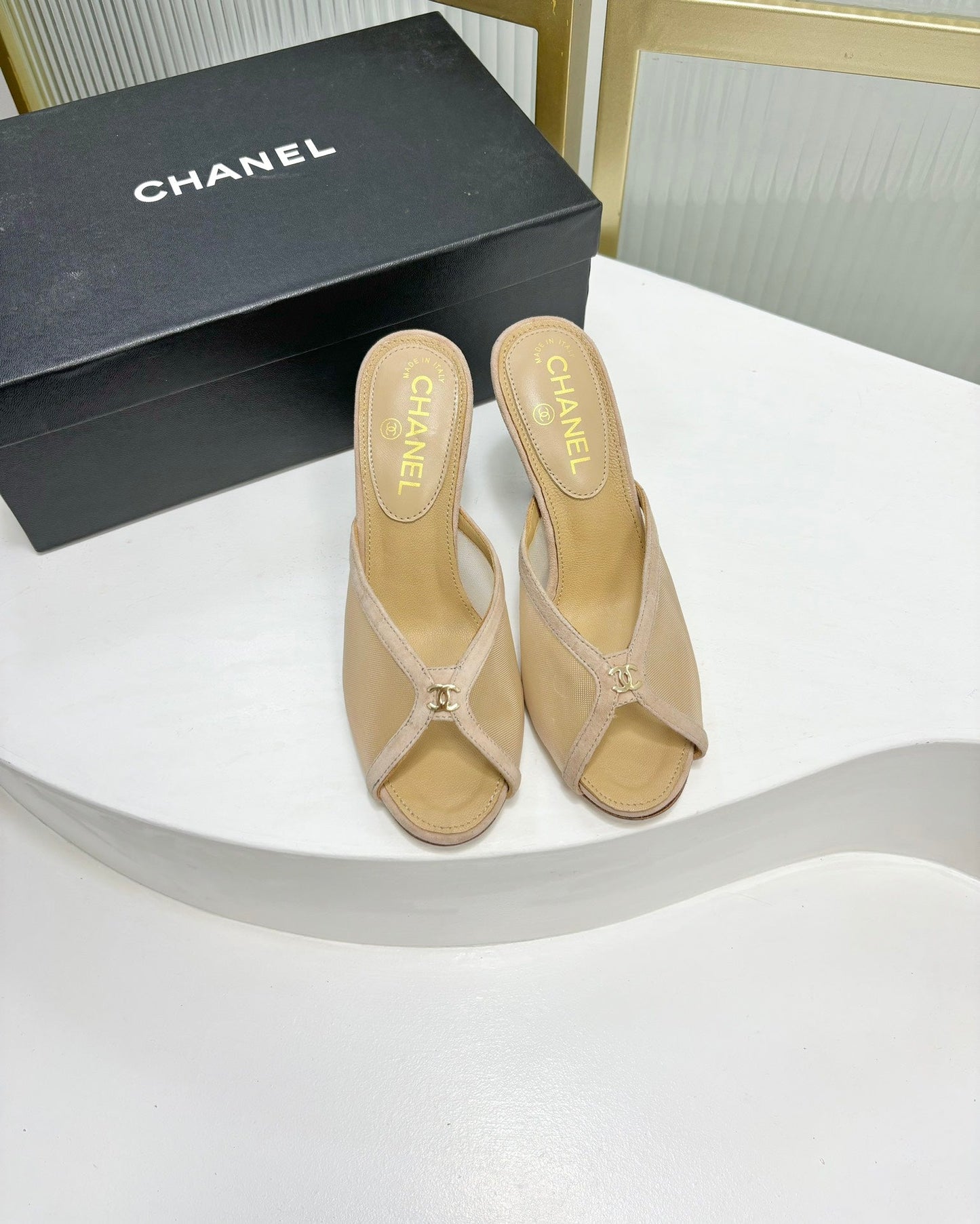 HIGH HEEL PEEP TOE IN BEIGE CREAM BREATHABLE MESH - 35