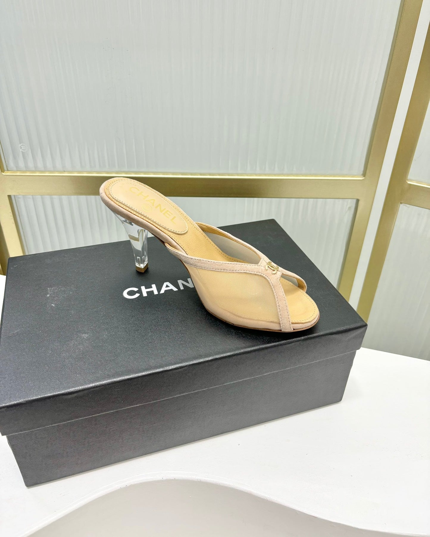 HIGH HEEL PEEP TOE IN BEIGE CREAM BREATHABLE MESH - 35