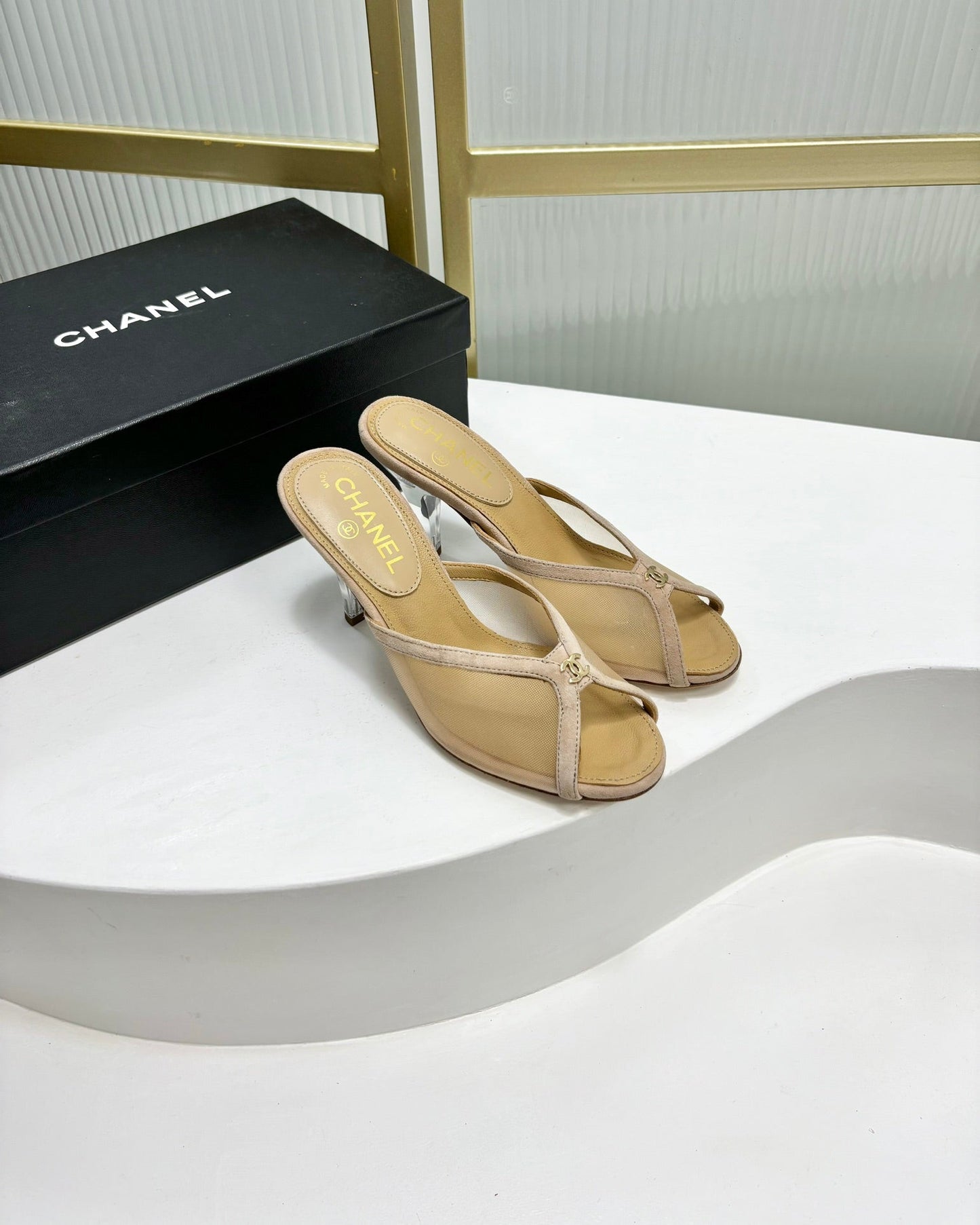 HIGH HEEL PEEP TOE IN BEIGE CREAM BREATHABLE MESH - 35