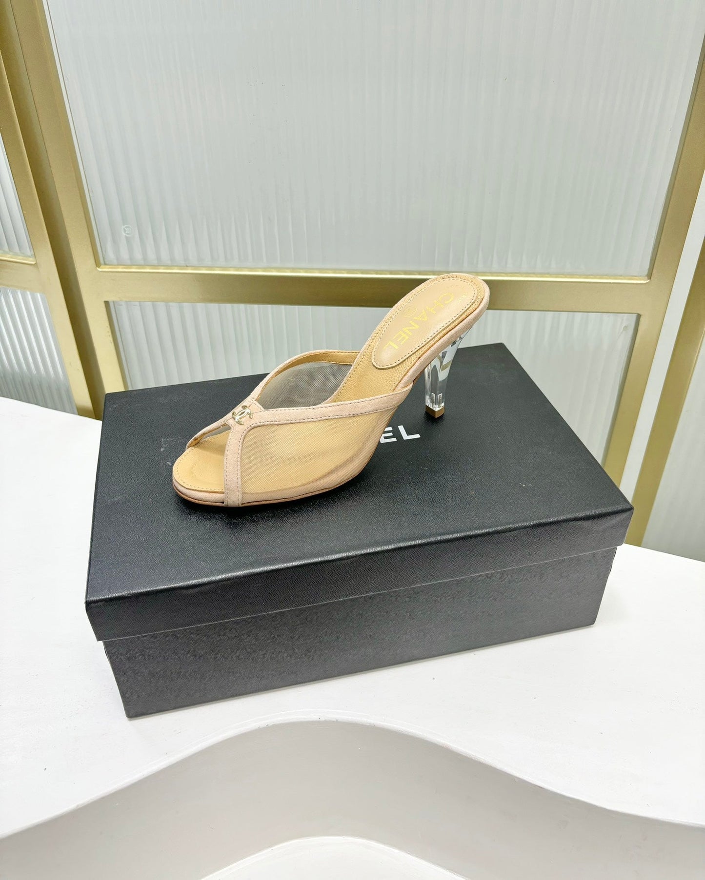 HIGH HEEL PEEP TOE IN BEIGE CREAM BREATHABLE MESH - 35